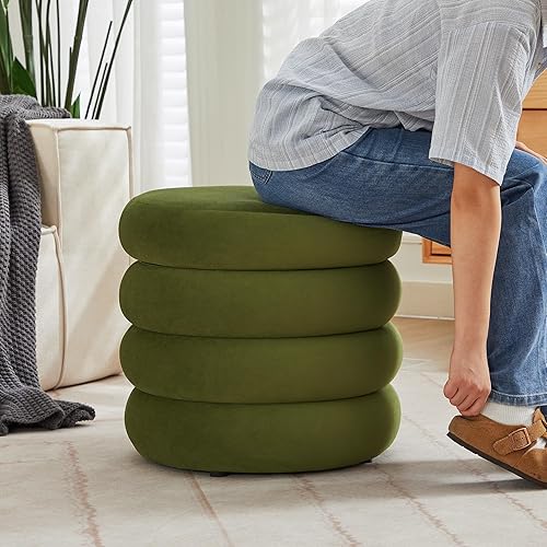 Miniatura 38 de ONEVOG Otomana redonda de almacenamiento, mesa otomana pequeña de 20 pulgadas con tapa extraíble, taburetes de tela de lino suave para sofá, asiento
