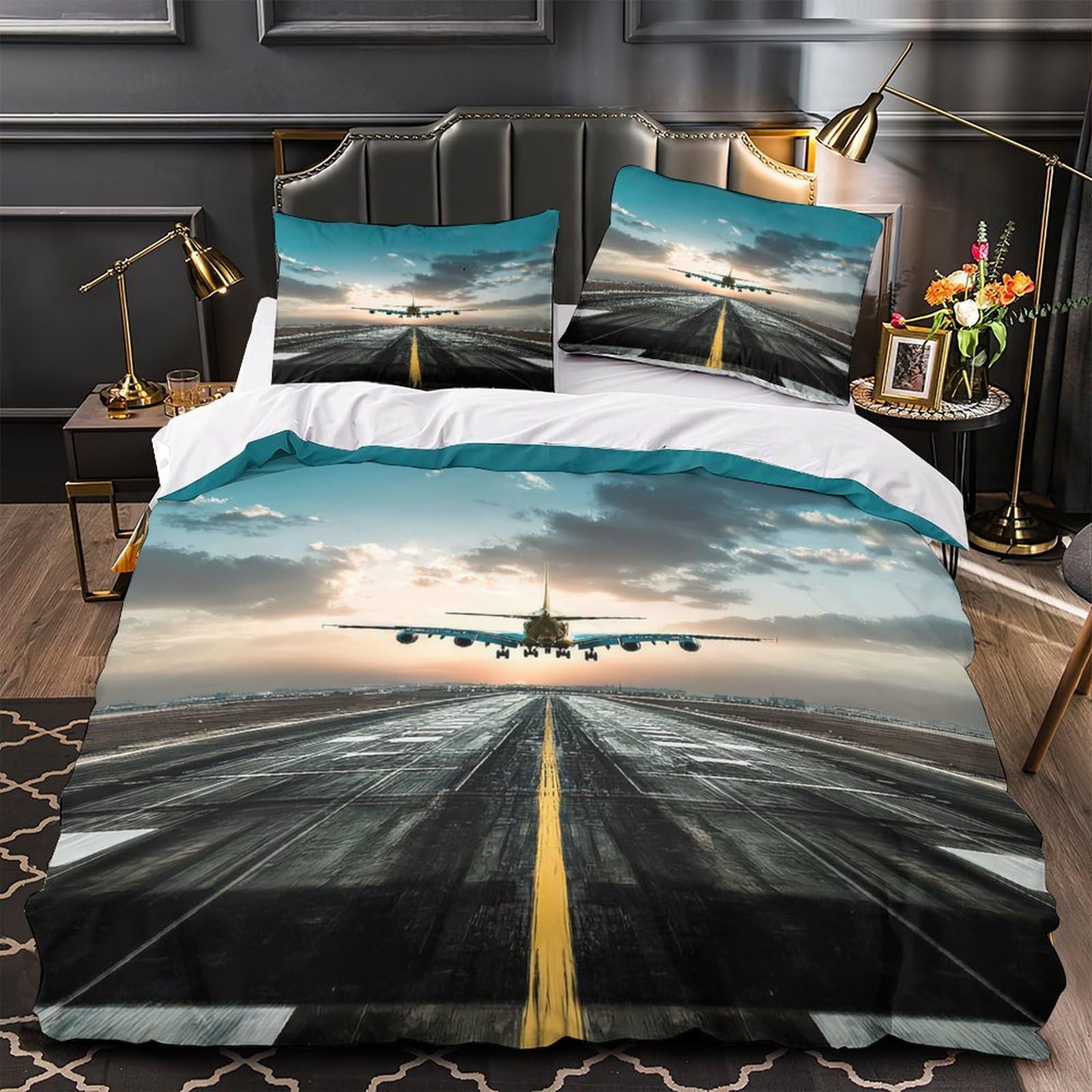 MMDASBVPE AirplaneTakeoff Quilt Cover 3D Print Easy Care 3 Pieces Bed Set Hidden Zipper ModernAerialPhotography Comforter Cover Extra Soft Washable for Adults Kids Teens Women Youth King（220x240cm）