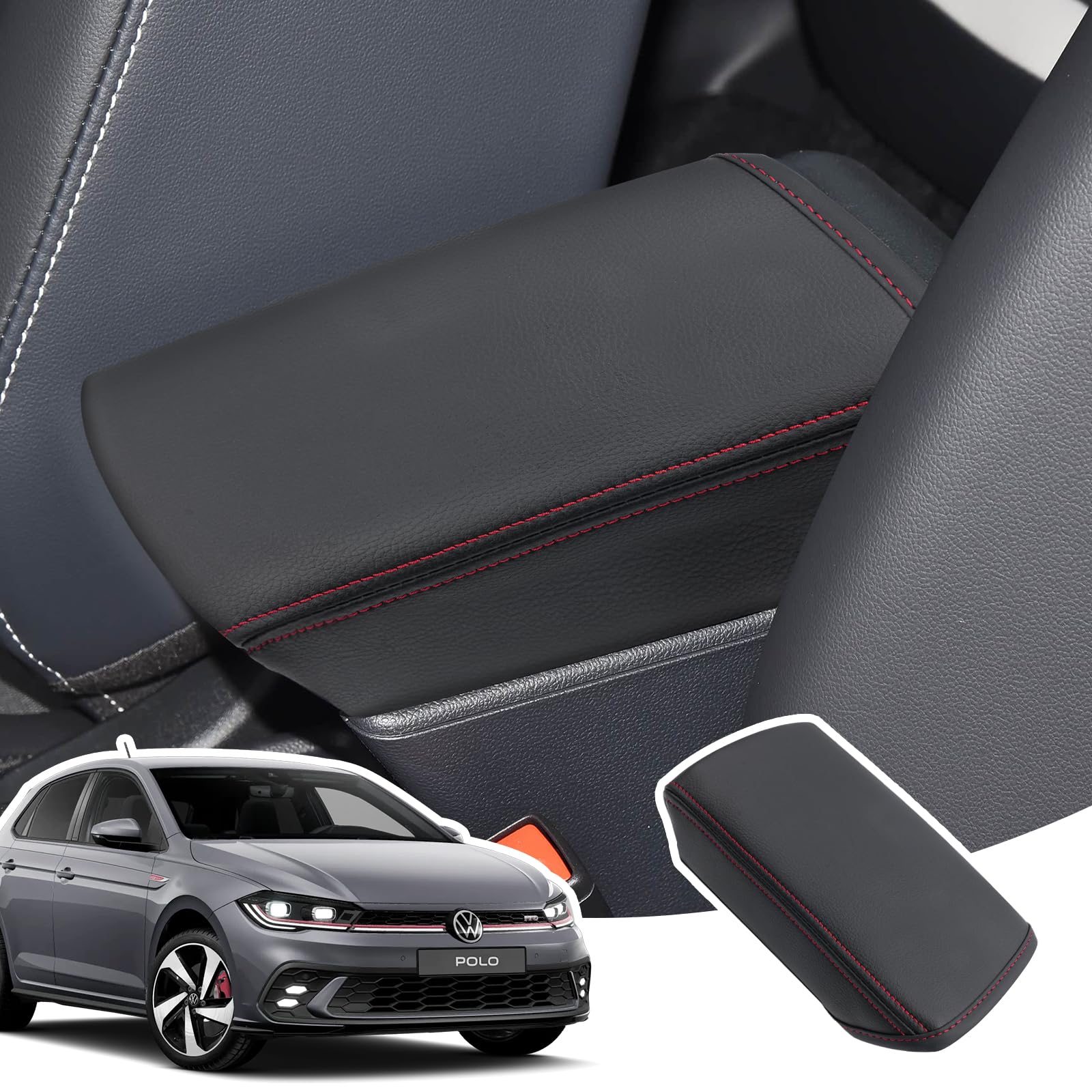 Housse d'Accoudoir pour VW Polo MK6 2018-2025 | Couvre Accoudoir Console Centrale, Protection Accoudoir pour Seat Ibiza Arona, VW Taigo Accessoire, Matériel Cuir PU, Rouge