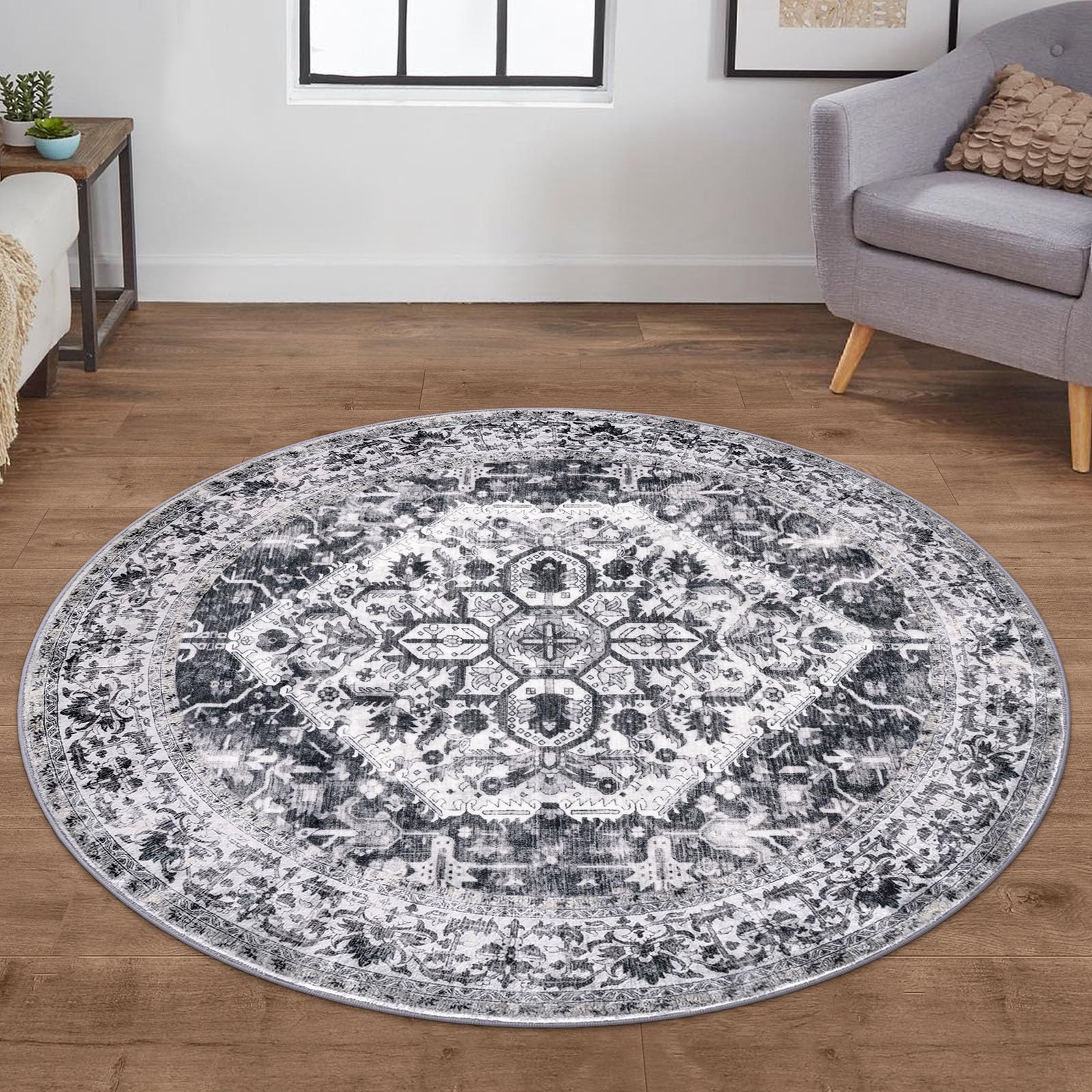 KOZYFLY Round Rug 5 Ft Rugs for Entryway Washable Circle Entrance Rug Non Slip Round Doormat Indoor Printed Faux Wool Round Front Door Mat Floor