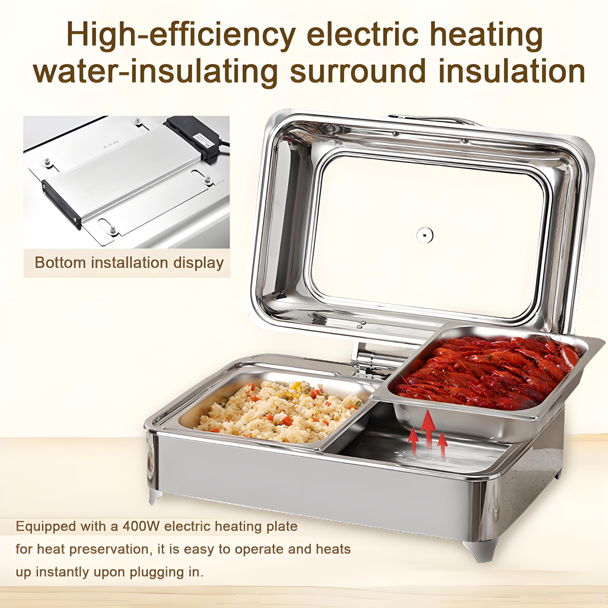 Chafing Dish Elettrico Temperatura Regolabile 35-85℃(1/3 Pan) | 9L Professionale Scaldavivande Elettrico per Buffet Acciaio Inox, Contenitore Scalda Cibo con Coperchio Trasparente