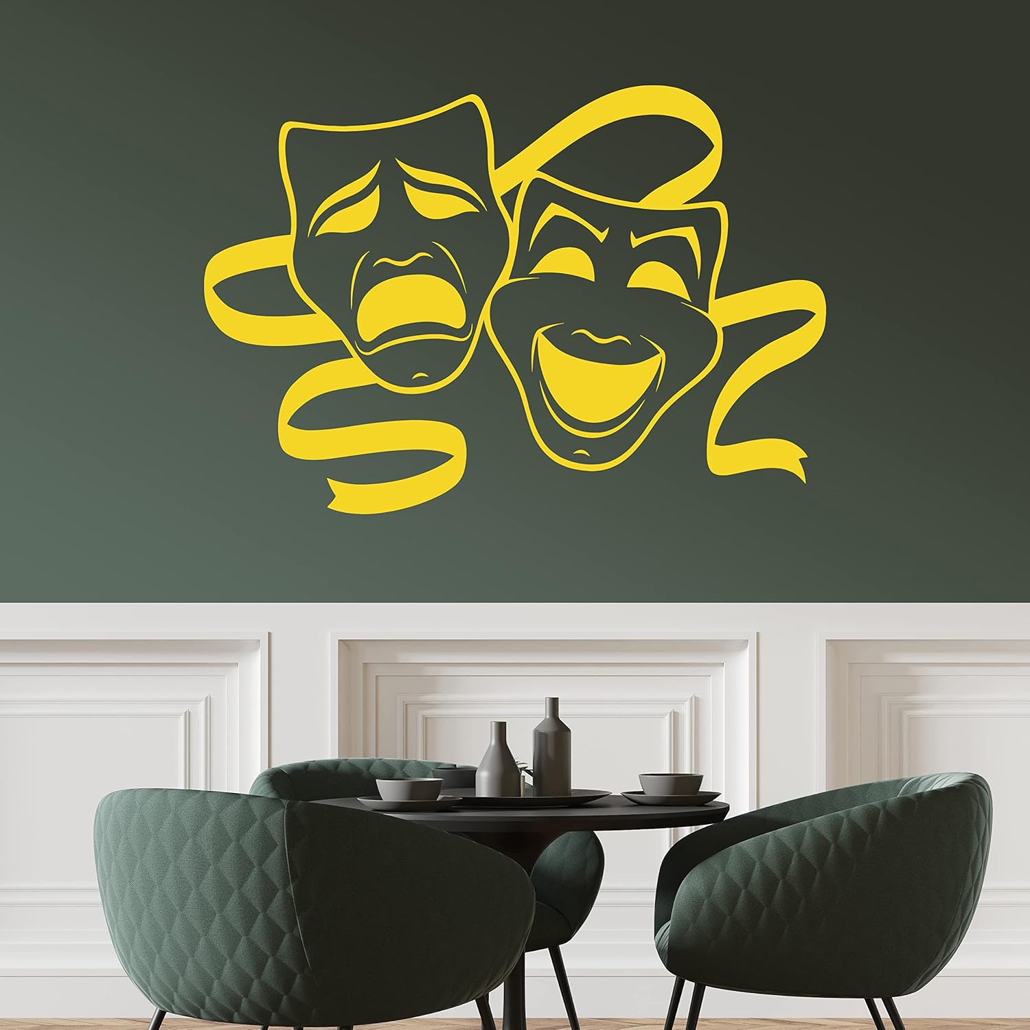 Two Theatrical Masks Vinyl Wall Decal – Drama & Comedy Theater Wall Art, Classic Performing Arts Symbol Sticker, Acting Studio or Home Decor (3571ig)