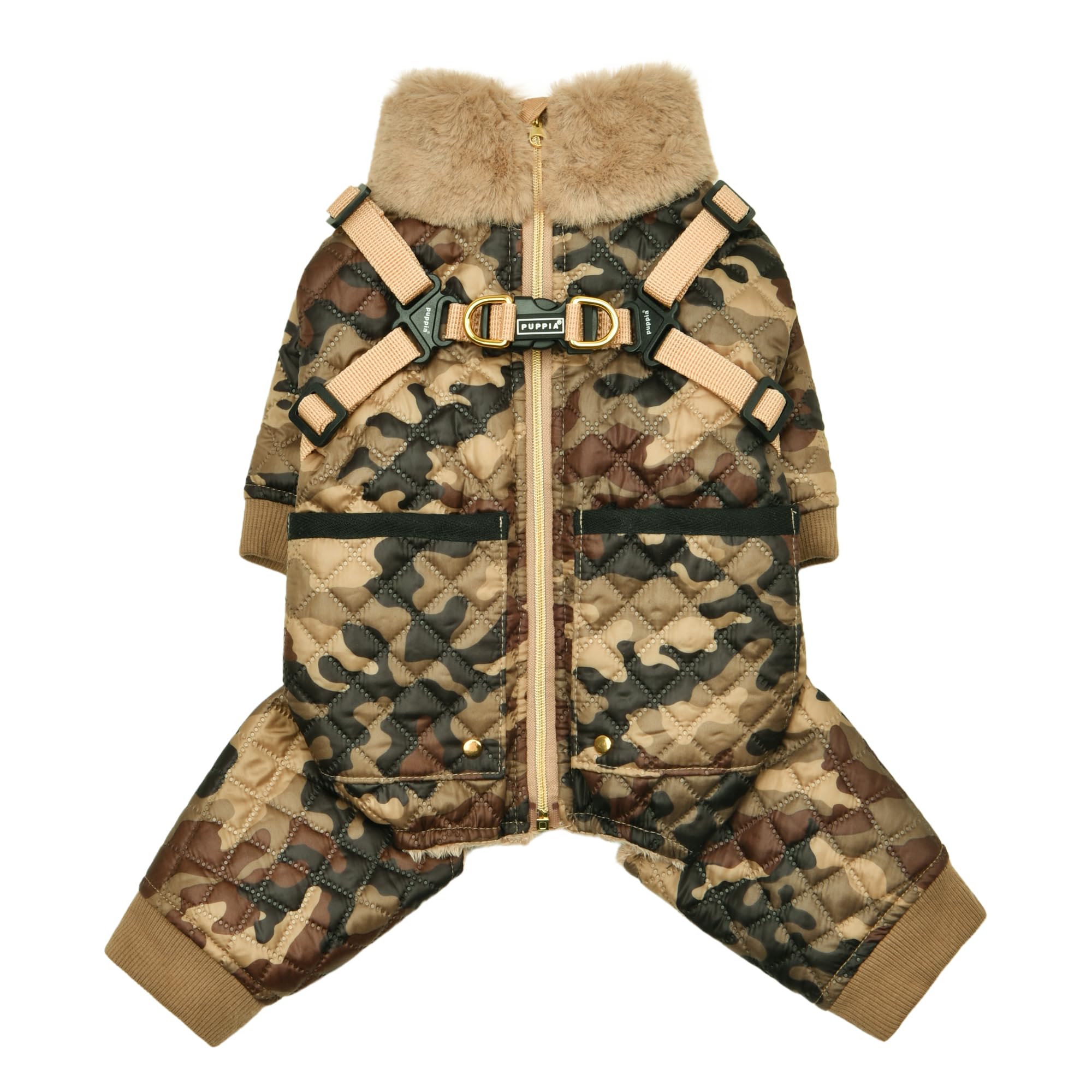 Puppia Bylur Mock Neck Full Zip up Warm Winter Jumpsuit with Integrated Harness for Small and Medium Dogs, Beige, Medium