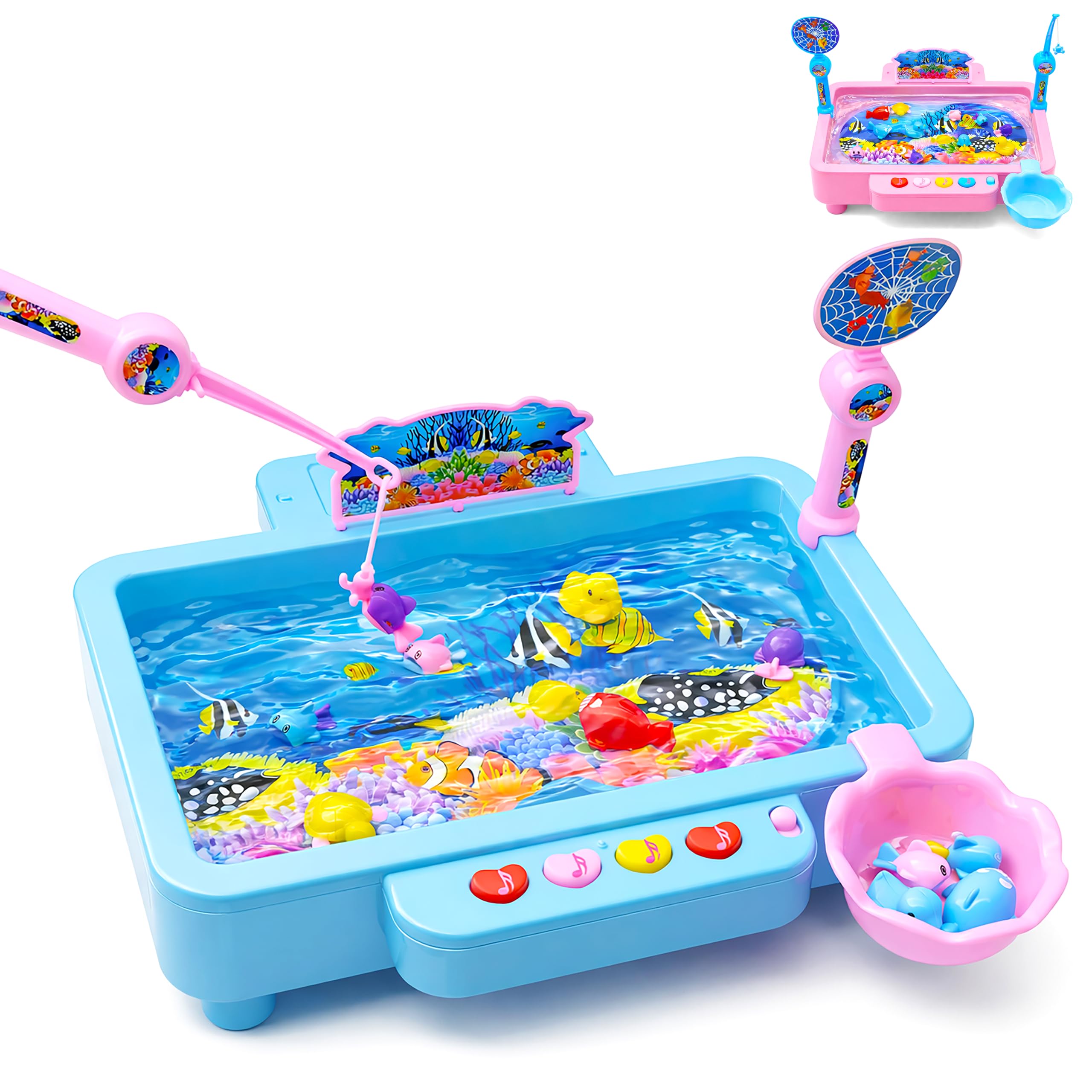 VGRASSP Magnetic Rotating Water Fishing Game Toy for Kids - Colorful Fishes, Fishing Rods and Net Scoops - Educational Gift for Toddlers with Lights, Rhymes and Music - Color As Per Stock-image-4