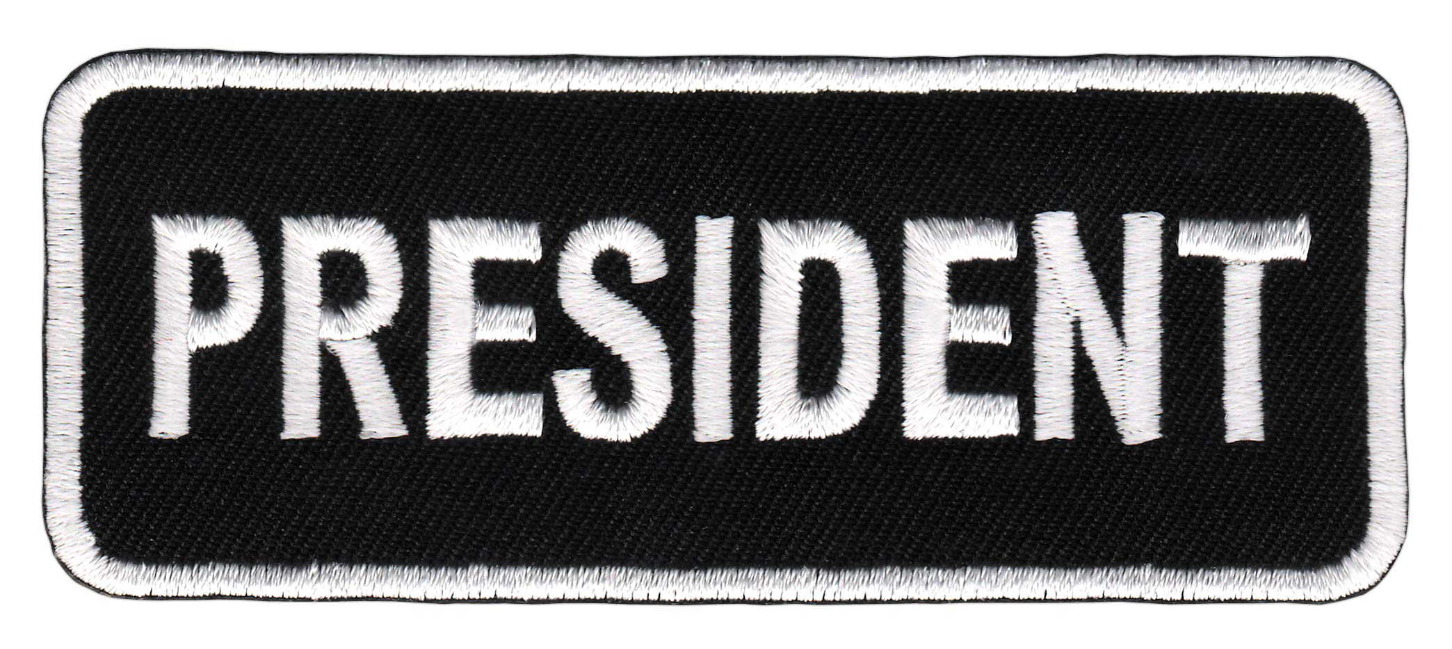 President patch om op te strijken of op te naaien, strijkplaatje voor kleding, geborduurde strijkpatch applicatie biker MC Kutte President patch afmeting 9,5 x 3,9 cm