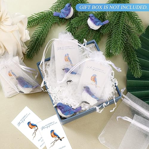 Miniatura 5 de Roowest Dijes de bolsillo de pájaro azul, incluyendo pájaros de resina y tarjetas de poesía, bolsas de regalo de organza de bolsillo de la suerte,
