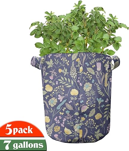 Miniatura 2 de Lunarable Paquete de 5 bolsas de cultivo de jardín, pétalos de hojas de hierbas, macetas de tela resistentes con asas para plantas, color morado y