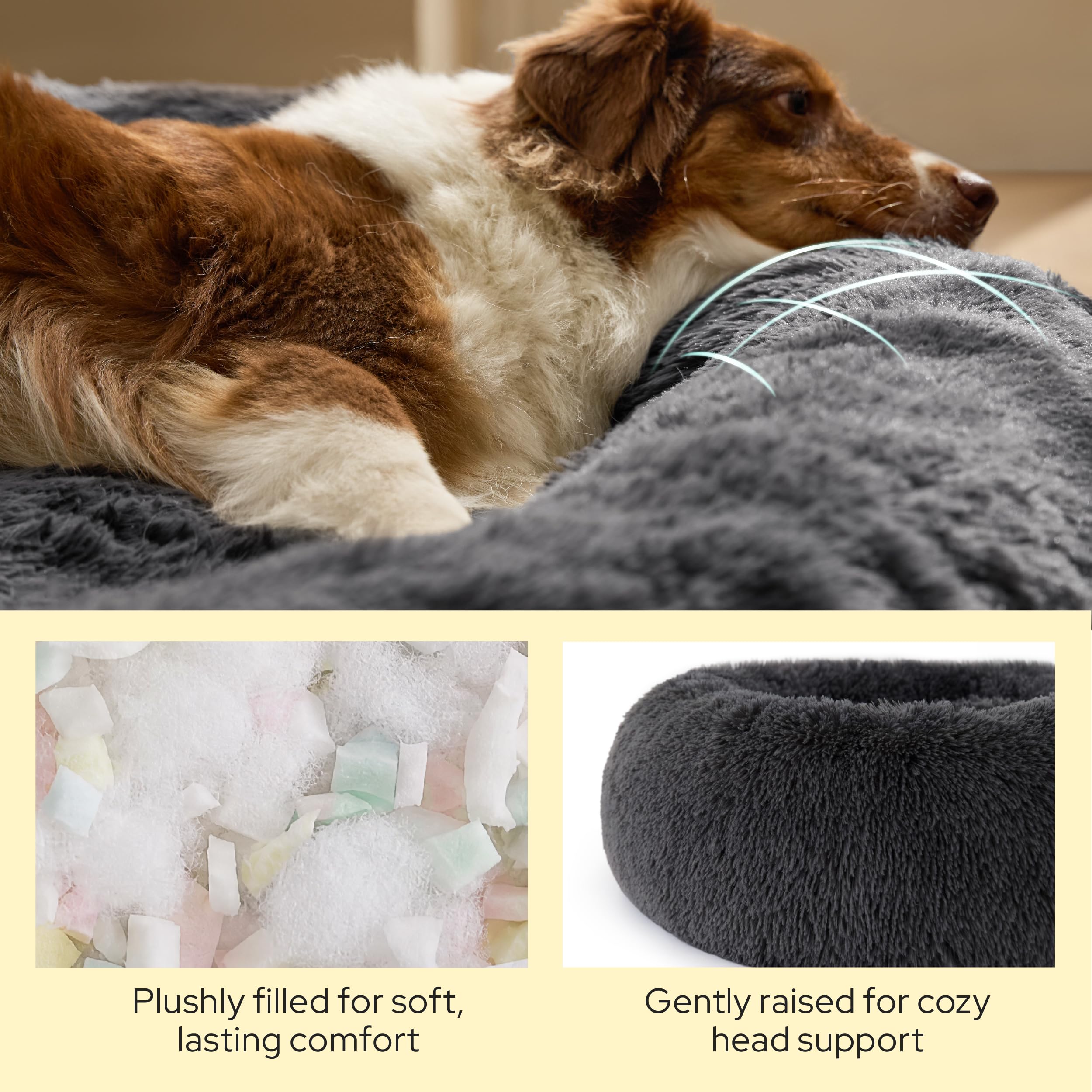 BEDSURE SupportMax™ Hundebett Mittelgroße Hunde Waschbar Flauschig, 80cm | Plüsch Donut Hundekorb mit Abnehmbarem und Waschbarem Bezug, Körbchen Hund mit Rutschfester Boden, Grau