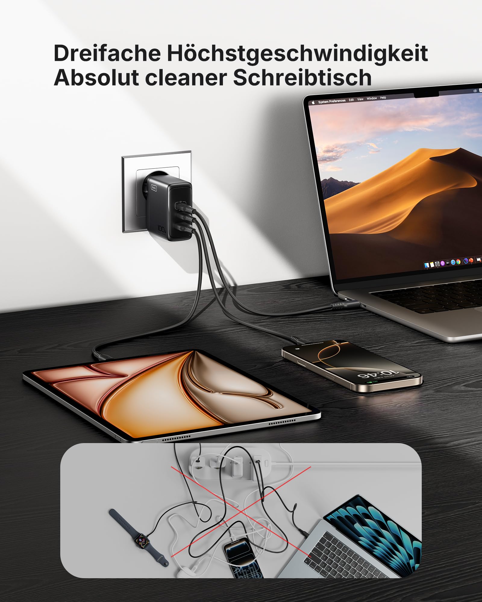 INIU USB C Ladegerät, 100W 3-Port Laptop Schnellladegerät mit USB C Kabel, GaN Mehrfach Netzteil für MacBook Air Pro, iPad, iPhone 17 16 15 Pro Max, Samsung Galaxy S25 S24 Ultra, Pixel, Switch 2 etc