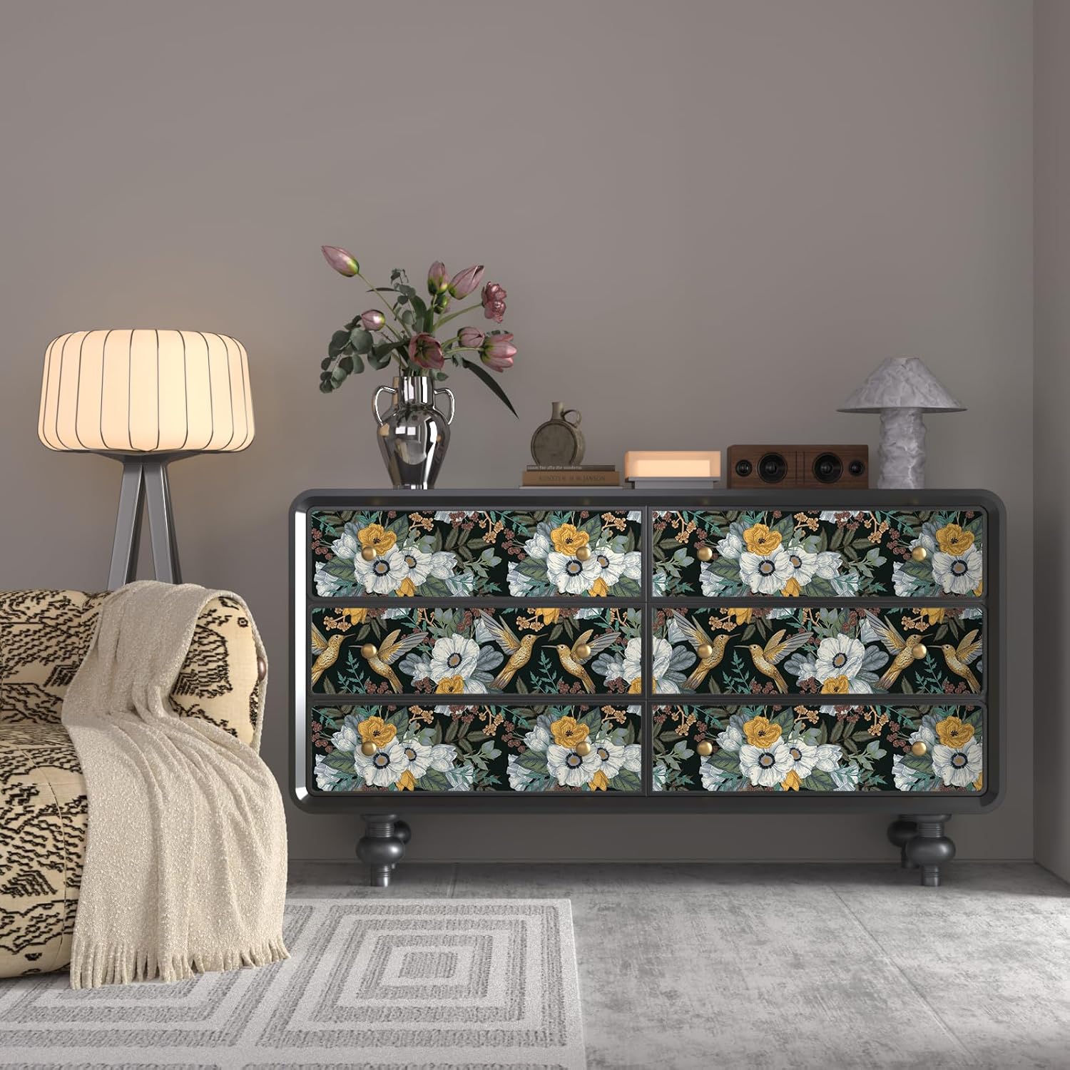 VaryStyle Hummingbird Floral Wallpaper Vintage Black/Gold Floral Peel and Stick Wallpaper Birds Flower Contact Paper for Cabinets Removable Self Adhesive Wall Mural for Bedroom Bathroom 17.7"x118"