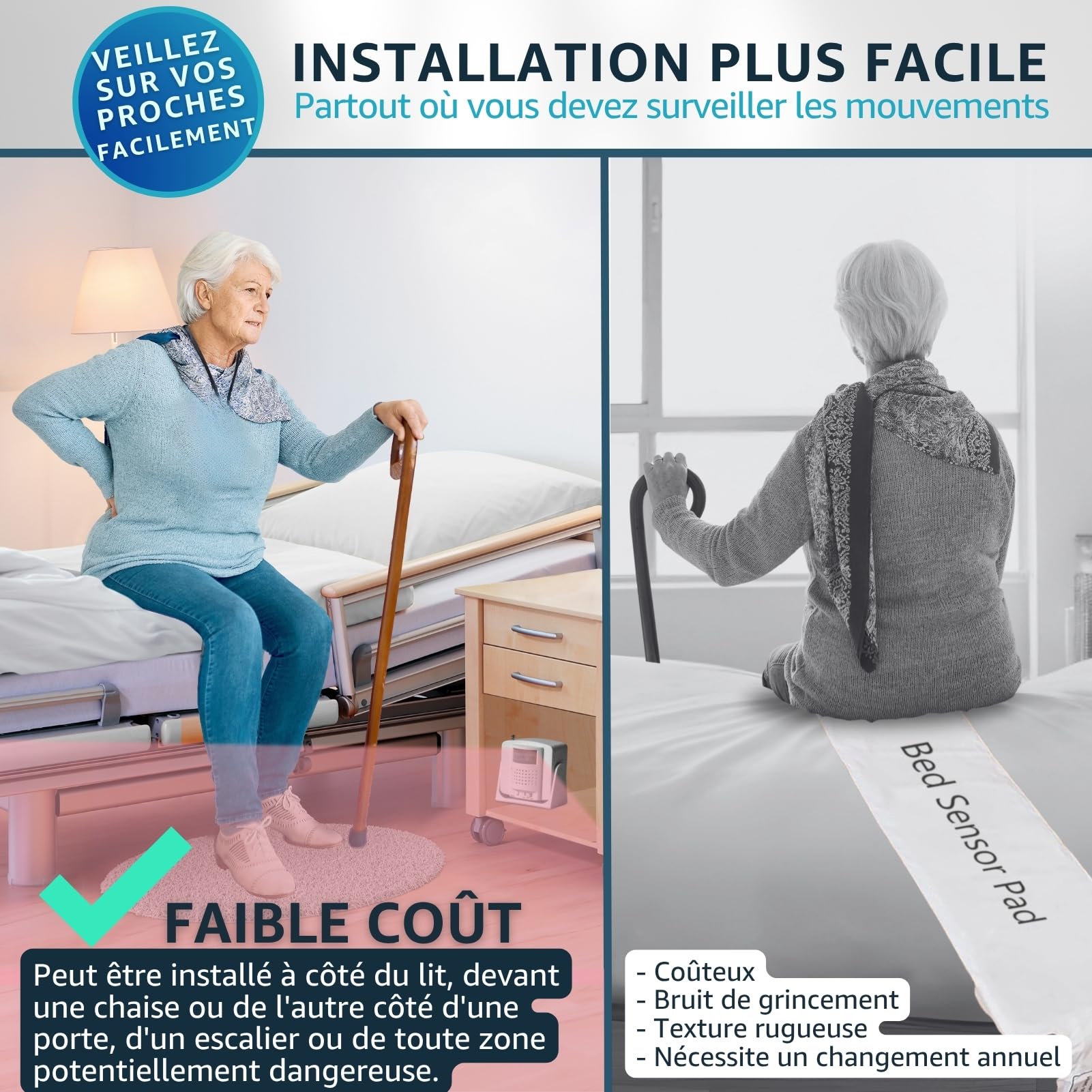 Alarme de lit avec Bip aidant et 2 détecteurs sans Fil