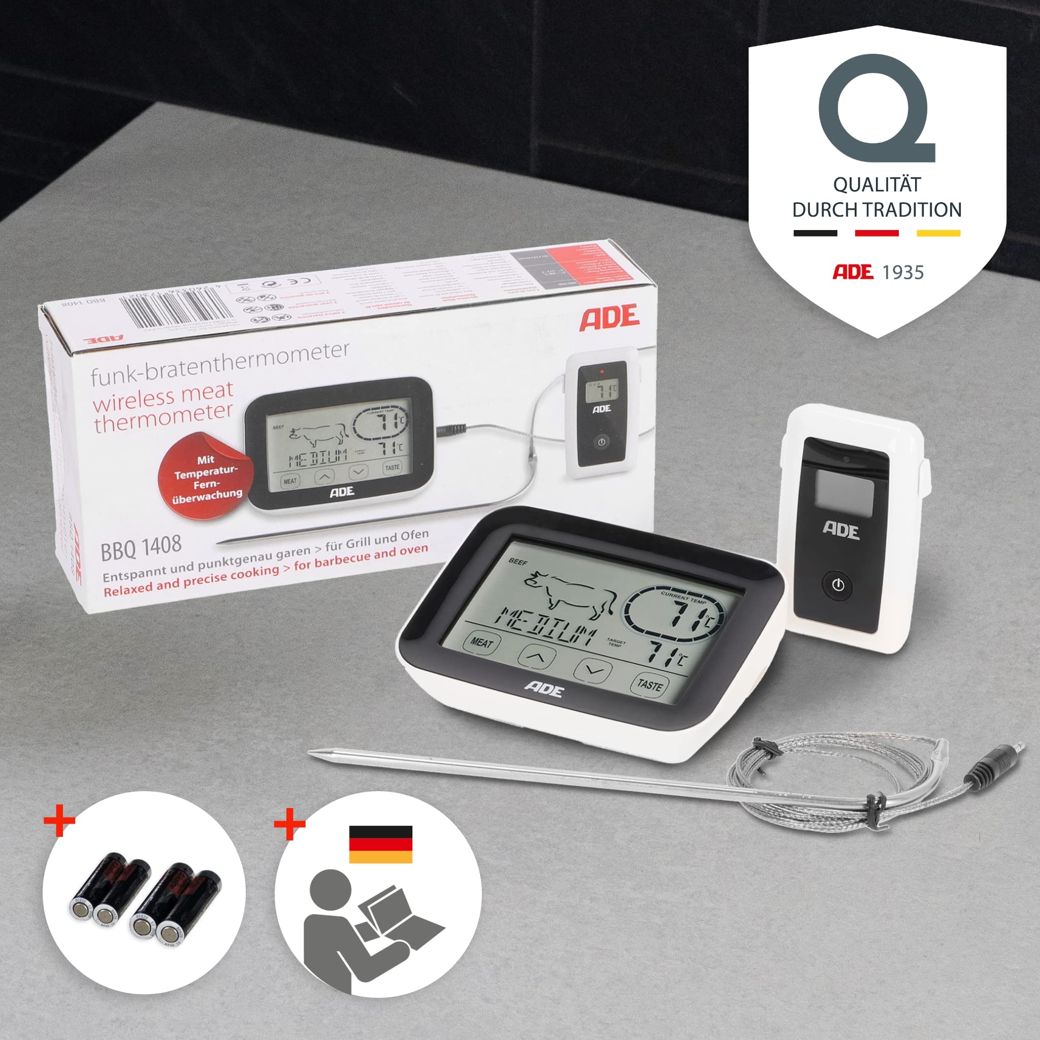 ADE BBQ1408 Funk-Bratenthermometer. Digitales Grill-Thermometer mit Touch-Display, Funkempfänger, Messgabel aus Edelstahl. Elektronisches Ofenthermometer für den perfekten Garpunkt. Inkl. Batterien