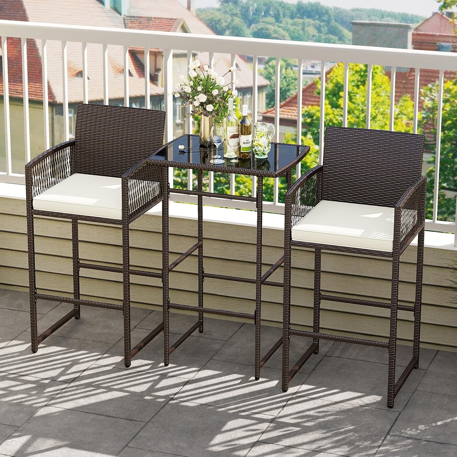 Tangkula 3 Piece Patio Bar Set, Outdoor Wicker Bar Height Heavy Duty Metal Table & Cushioned Armchairs, for Backyard, Poolside, Porch and Bistro