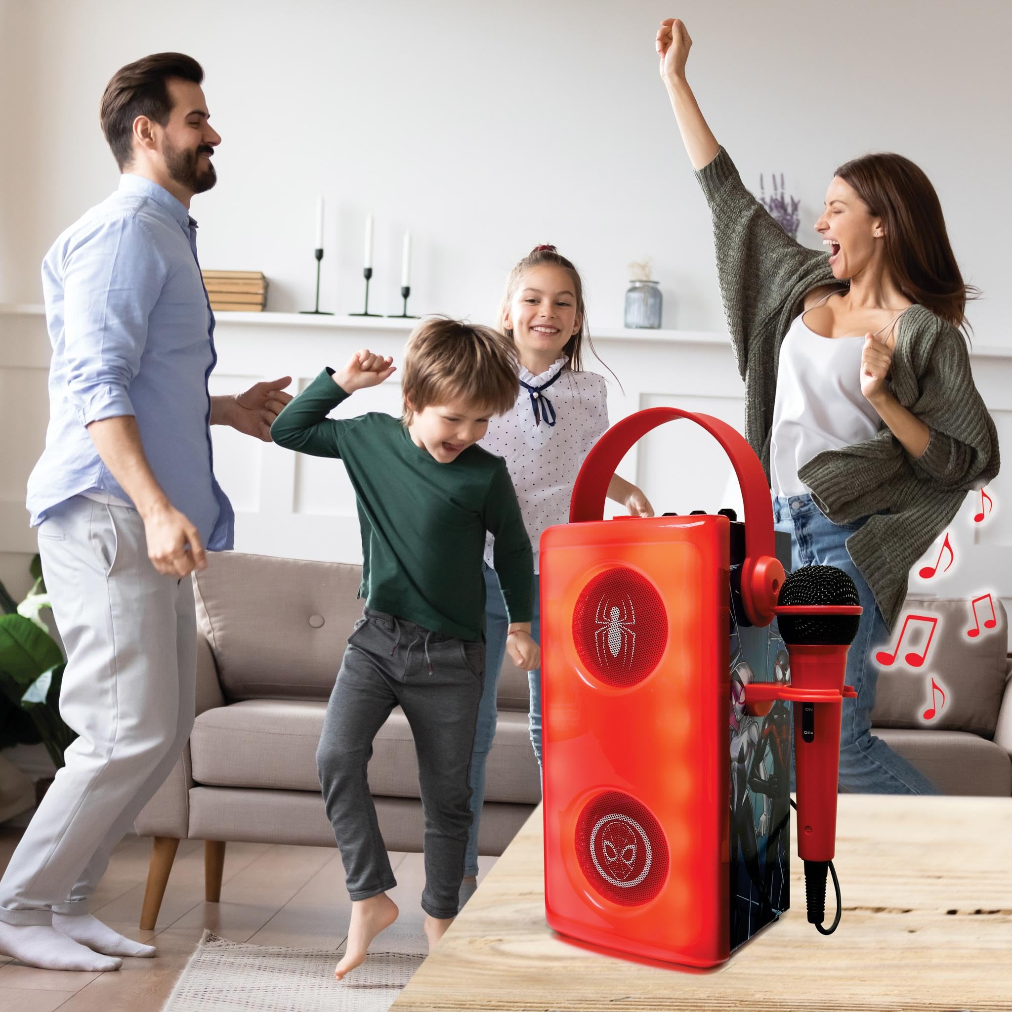 LEXIBOOK, Spider-Man, Altavoz Bluetooth con Mic Rojo, BTP185SPZLXB | Efectos de luz, ranura para tarjeta SD/TF, batería recargable