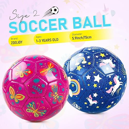 Miniatura 2 de ZOOJOY Balón de fútbol de tamaño 2 para niños pequeños de 1 a 3, paquete de 2 bolas de dibujos animados para niños con bolsa de malla de bomba,