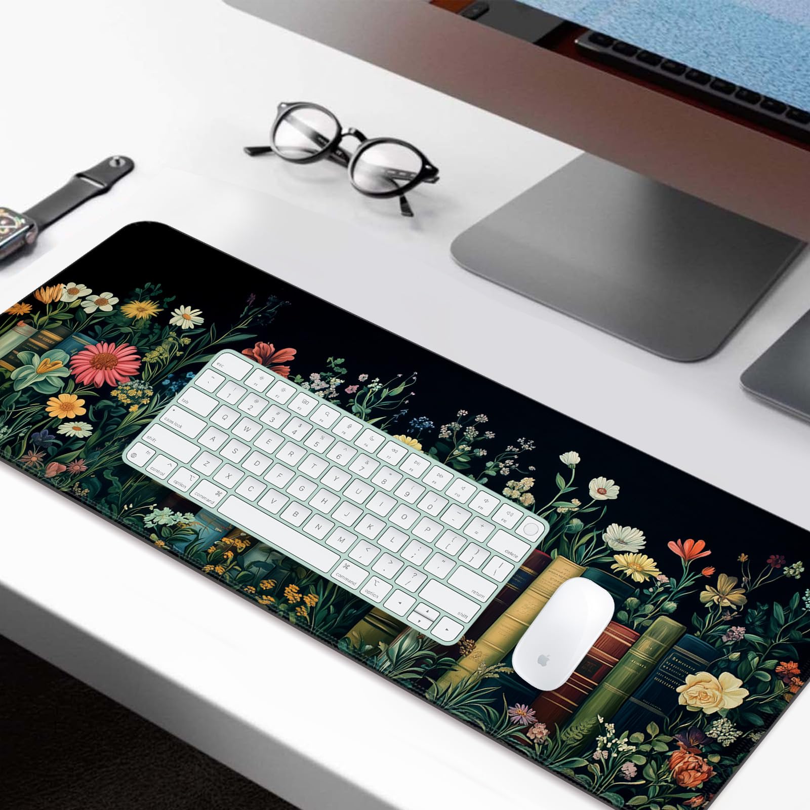 Fantasy Pretty Wildflower and Book Gaming Desk Mat, Computer Keyboard Large Extended Long Floral Mouse Pad for Office and Home, XL (W02)