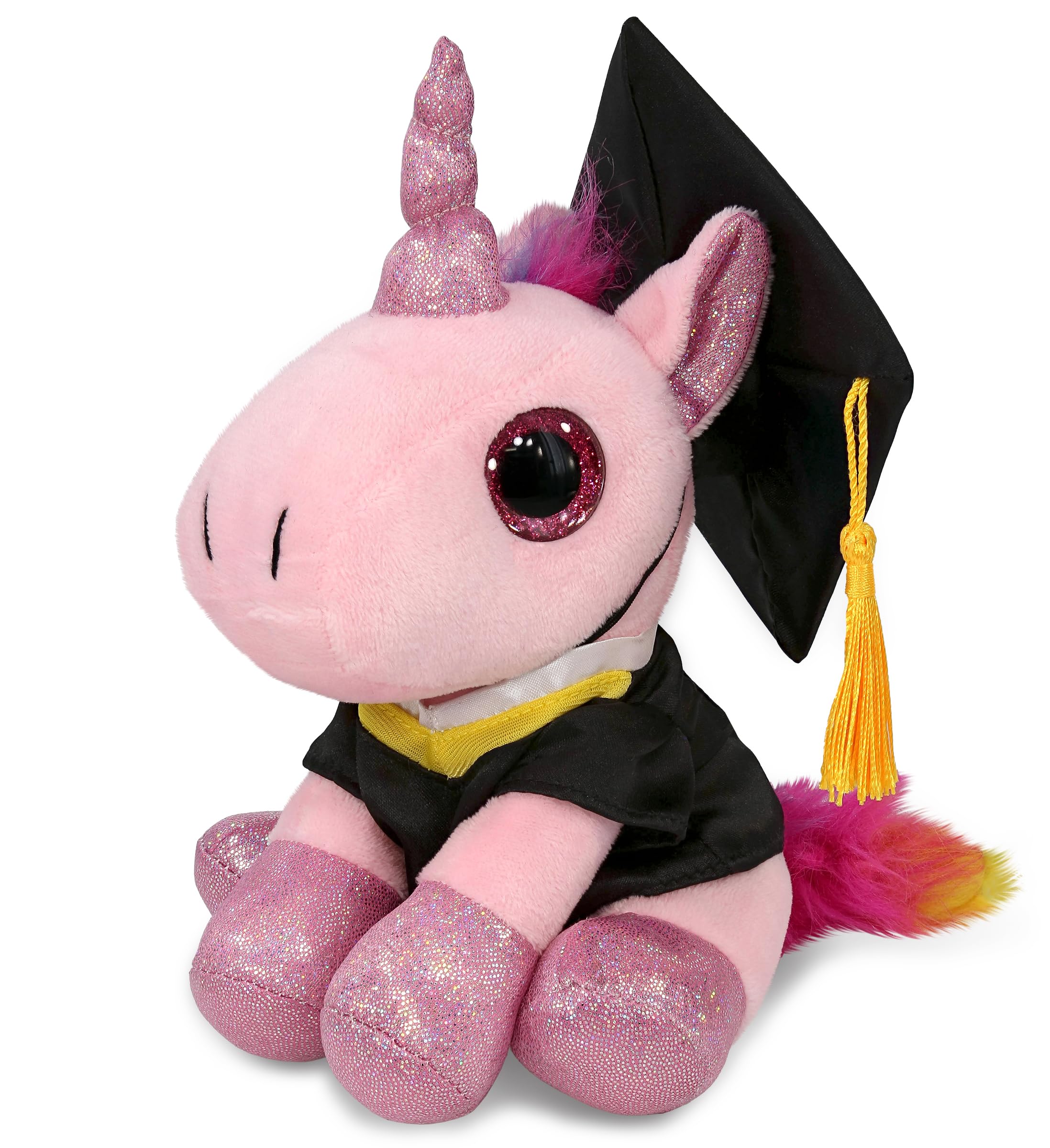 DolliBu Sparkle Eyes Pink Unicorn Graduation Plush Toy - Super Soft Graduation Stuffed Animal Dress Up Gown and Cap with Tassel - Gift with