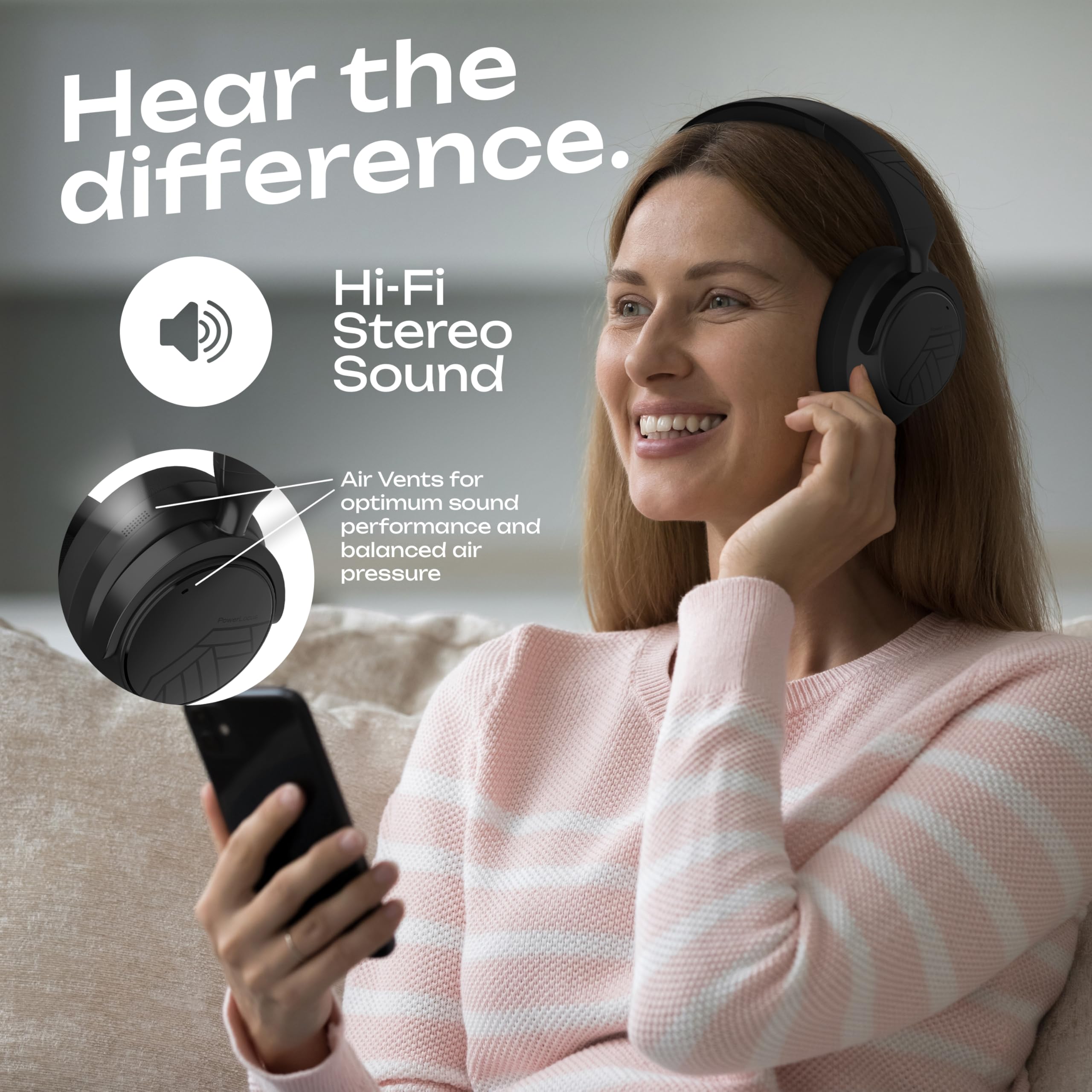 PowerLocus Aktywna redukcja szumów, 70 godzin odtwarzania nauszne słuchawki Bluetooth, bezprzewodowe słuchawki Hi-Fi stereo z futerałem, składane, z mikrofonem do podróży, telefonu komórkowego