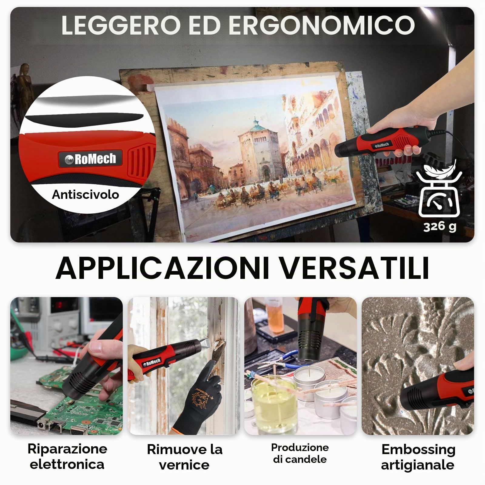 ROMECH Pistola termica da 350 W con 2 ugelli, pistola termica a doppia temperatura da 204 °C a 350 °C, pistola ad aria calda a calore rapido con protezione da sovraccarico per fai da te, goffratura,