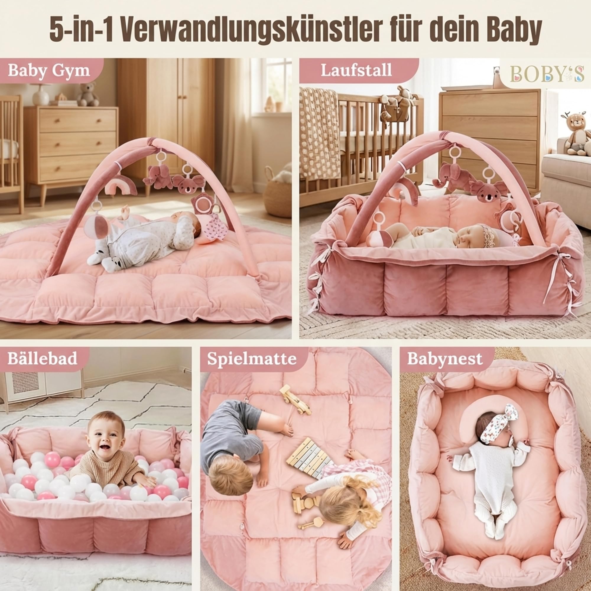 BOBY´S Baby Spielbogen mit Babynest & Krabbeldecke – Baby Gym mit Spielzeug – Spielmatte, Laufstall & Bällebad – weich gepolstert für Neugeborene (Rosa)