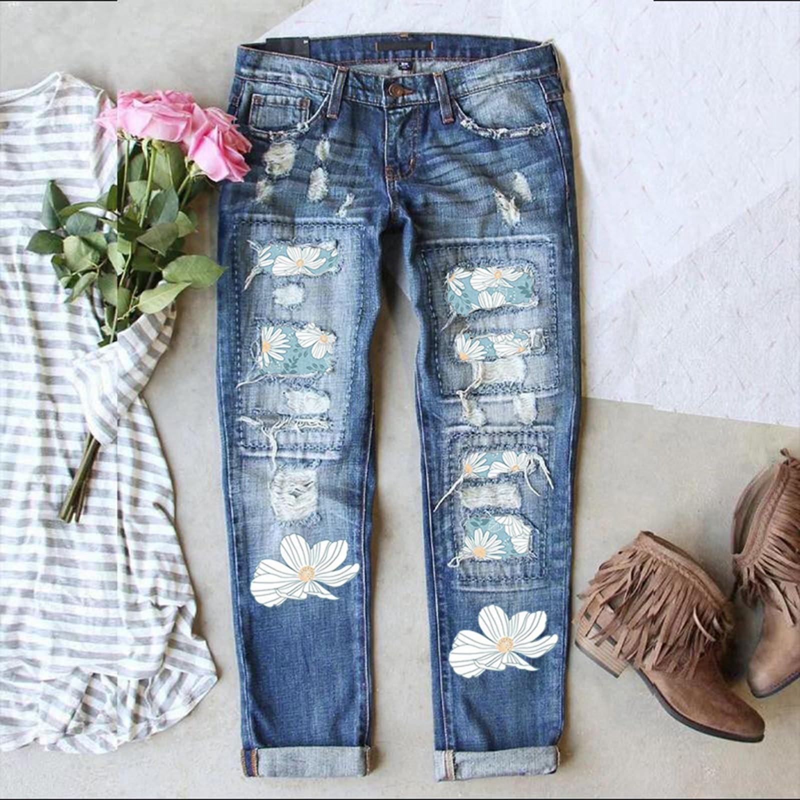 Vaqueros Para Mujer Elásticos Bolsillos Pantalones Trabajo Bootcut Bolsillo Deportes Campana Elefante de con Estampado Floral Moderno y Detalles Roturas en Rodilla Ajustados Elegantes Comodos