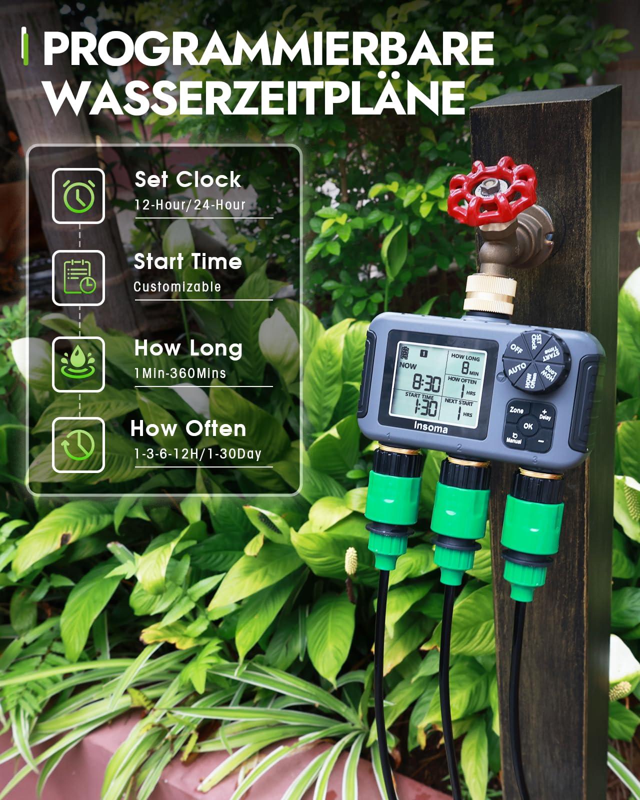 Insoma Orologio di irrigazione a 3 zone, ingresso e uscita in ottone + IPX5 impermeabile, irrigazione automatica/manuale, ritardo della pioggia e grande display, timer per rubinetto da giardino, prato