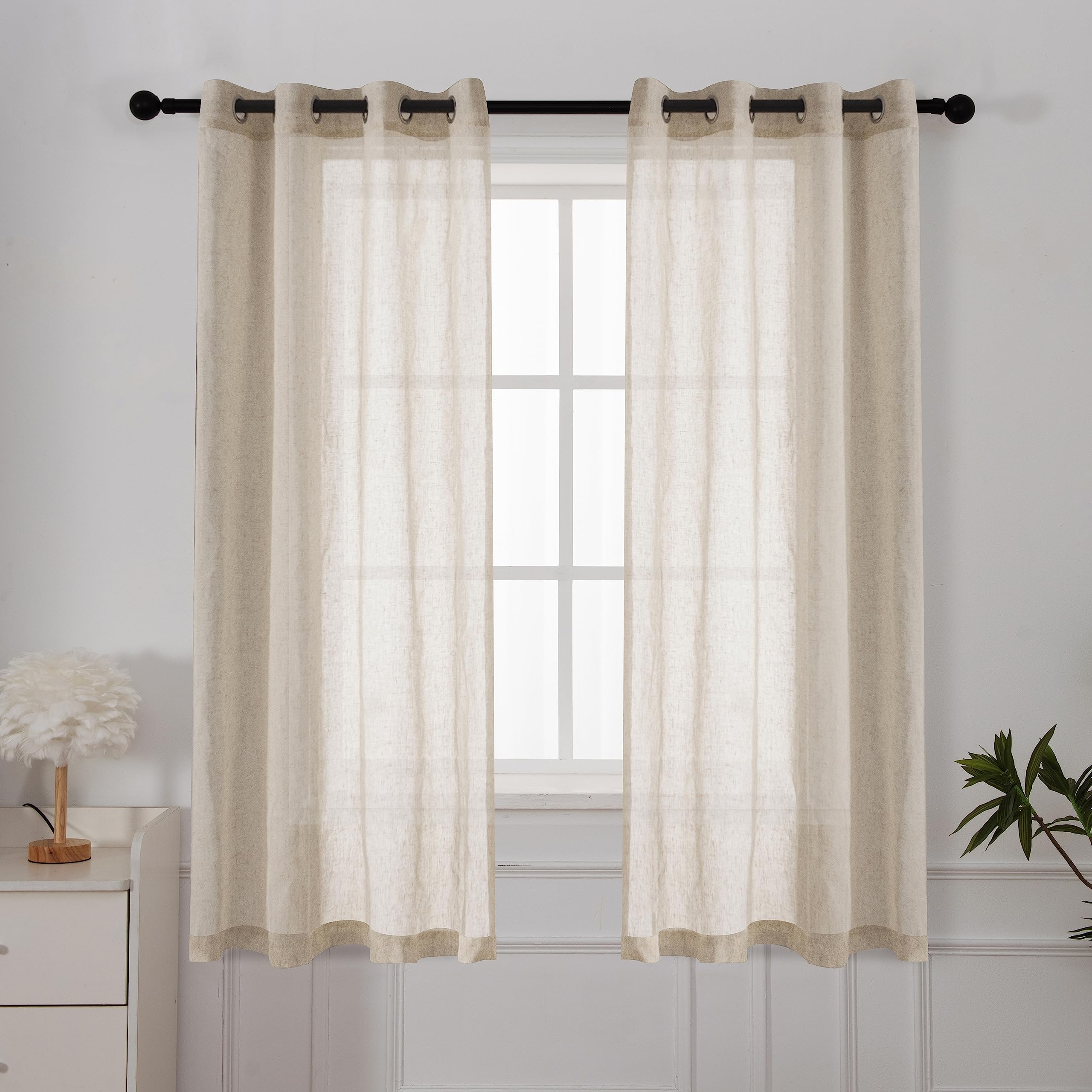 Półprzezroczyste lniane zasłony do sypialni i salonu, z przelotkami, zasłony filtrujące, 2 panele, naturalny kolor, 132 x 183 cm, stylowa dekoracja okienna