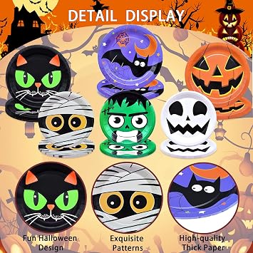 Gistome 48 Pieces Halloween Paper Plates Set Mixed 9-Inch & 7-Inch Disposable Plates with Black Cat, Pumpkin, Bat, Mummy, Ghost, and Monster Designs for Spooky Trick-or-Treat Halloween Parties