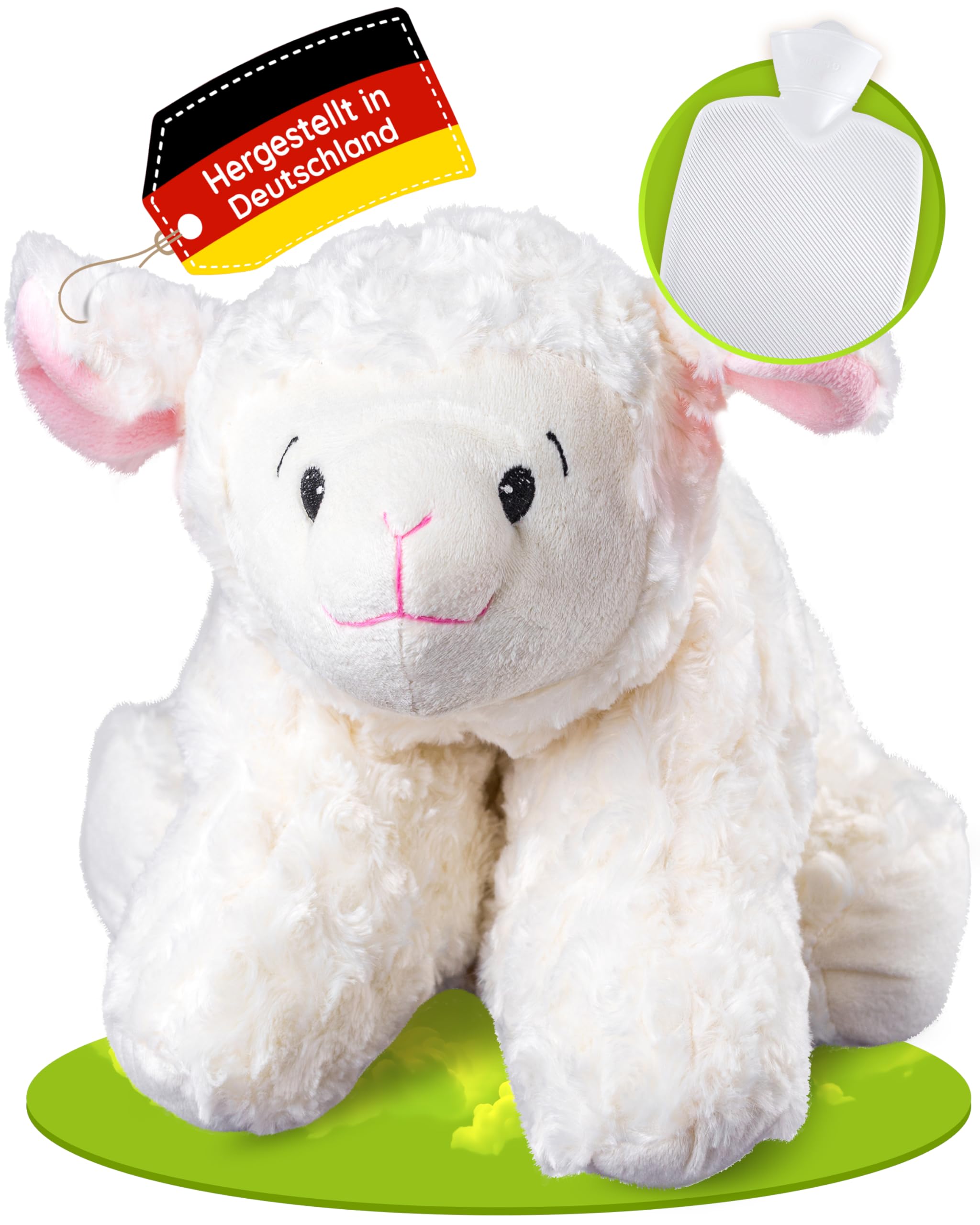 Hugo Frosch Wärmflasche Klassik 1,8l – Made in Germany – mit weichem Schaf-Kuschelkissen Weiß – große, auslaufsichere Bettflasche – langlebig & mit waschbarem Bezug