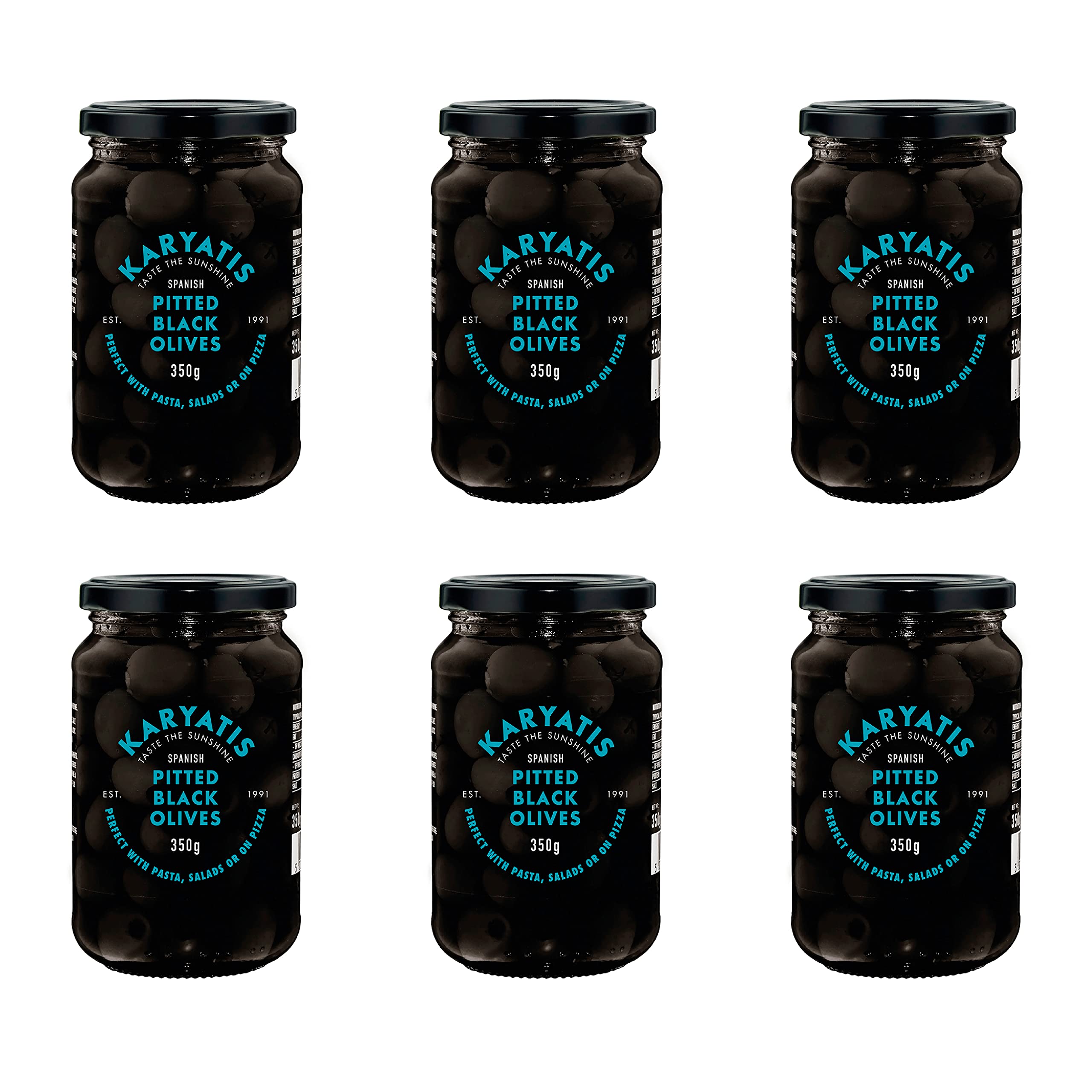 Karyatis Spanish Black Pitted Olives in Brine (Pack of 6 x 350g Jars)