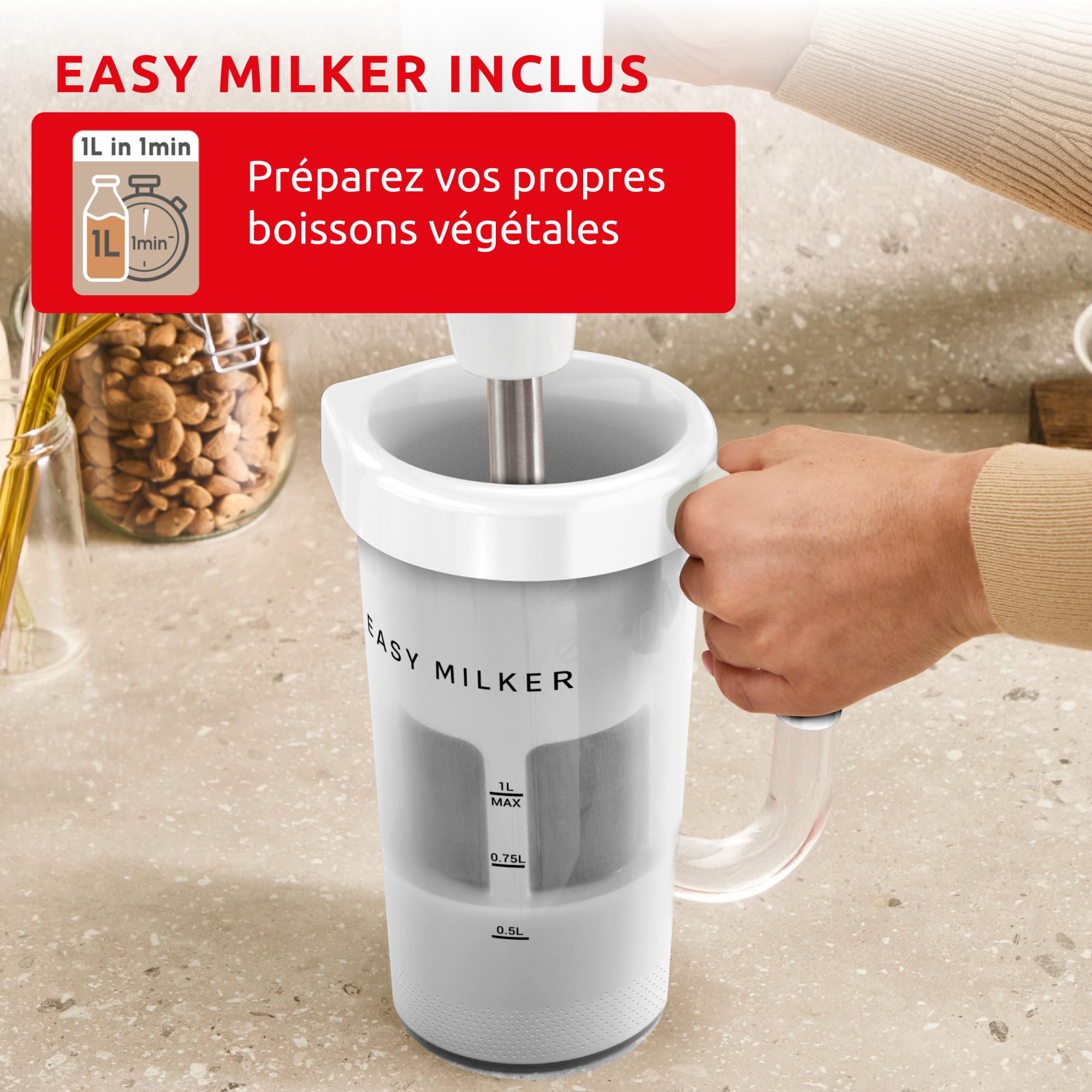Moulinex Easy Milker & Easychef, Préparateur de lait végétal avec pied mixeur, Lames Zelkrom, 2 vitesses