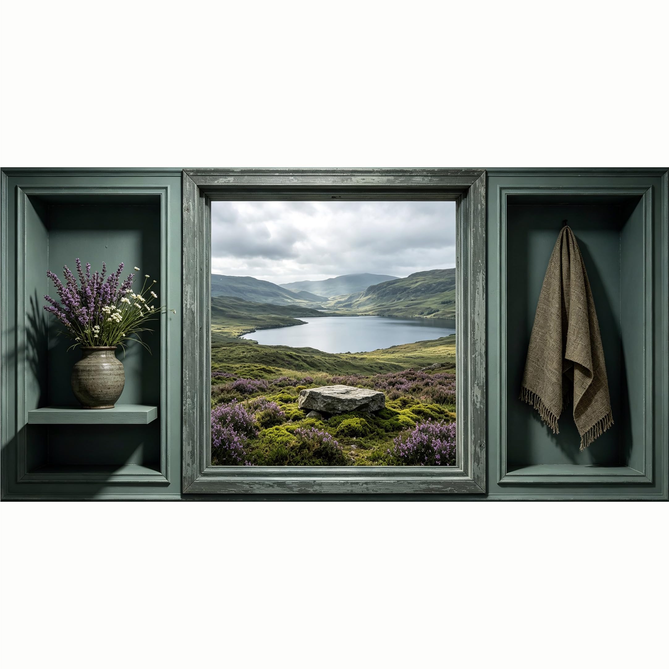 QZLITHOTIC 50x100cm 3D Framed Wall Art， Highland Lake Mountain Landscape Floral Self‑Adhesive Mural， Water‑Activated Peel & Stick Fabric Decor Wall Decal for Bedroom Living Room