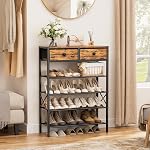 5 Rack de chaussures Tier Entryway, Organisateur de chaussures avec 2 Tiroirs, étagère en métal pour 16-20 paires avec plateau en bois pour placard, brun rustique