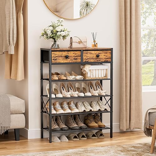Miniatura 4 de Zapatero para entrada, organizador de zapatos de 5 niveles con 2 cajones no tejidos, estante de almacenamiento de metal para 16-20 pares de zapatos,