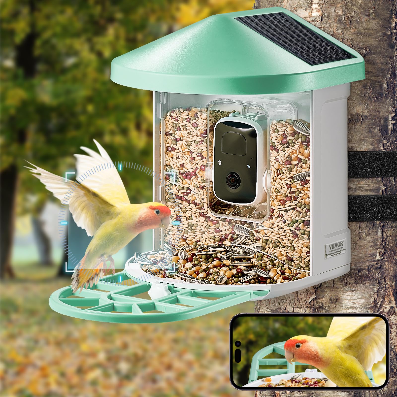 VEVOR Mangeoire Oiseaux Caméra Intelligente 2K HD AI Identifie 10000 Espèces 3 Panneaux Solaires Capture Auto Notification Extérieure Vert