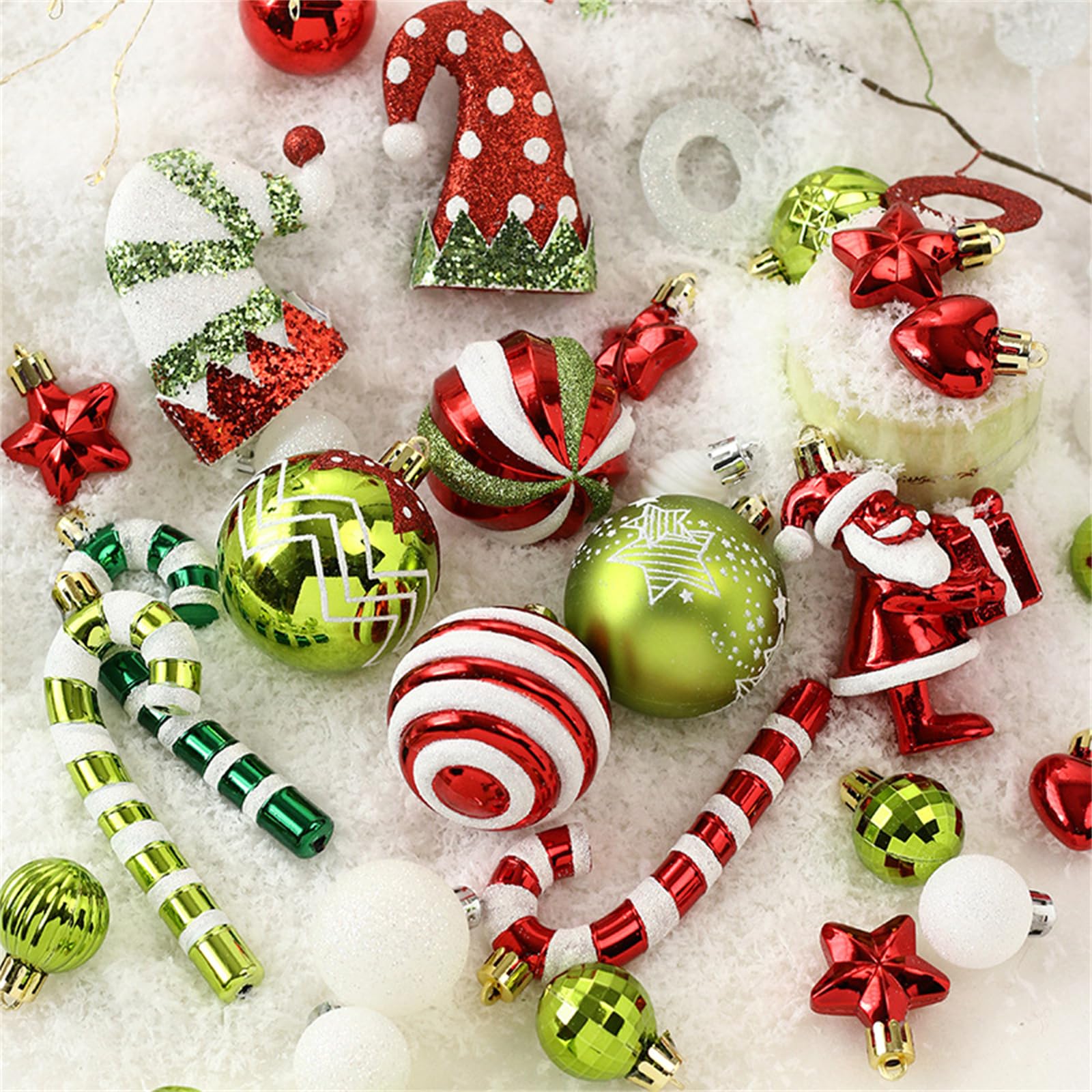 Lot de 50 petites boules de Noël en plastique incassable à suspendre pour sapin de Noël (rouge, vert, blanc)
