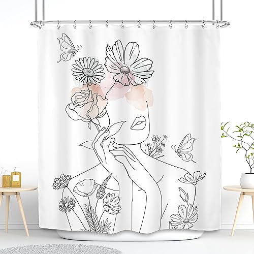 SVBright Cortina de ducha abstracta bohemia para mujer, 60 pulgadas de ancho x 72 pulgadas de largo, moderna, floral, color blanco, negro, mariposa,