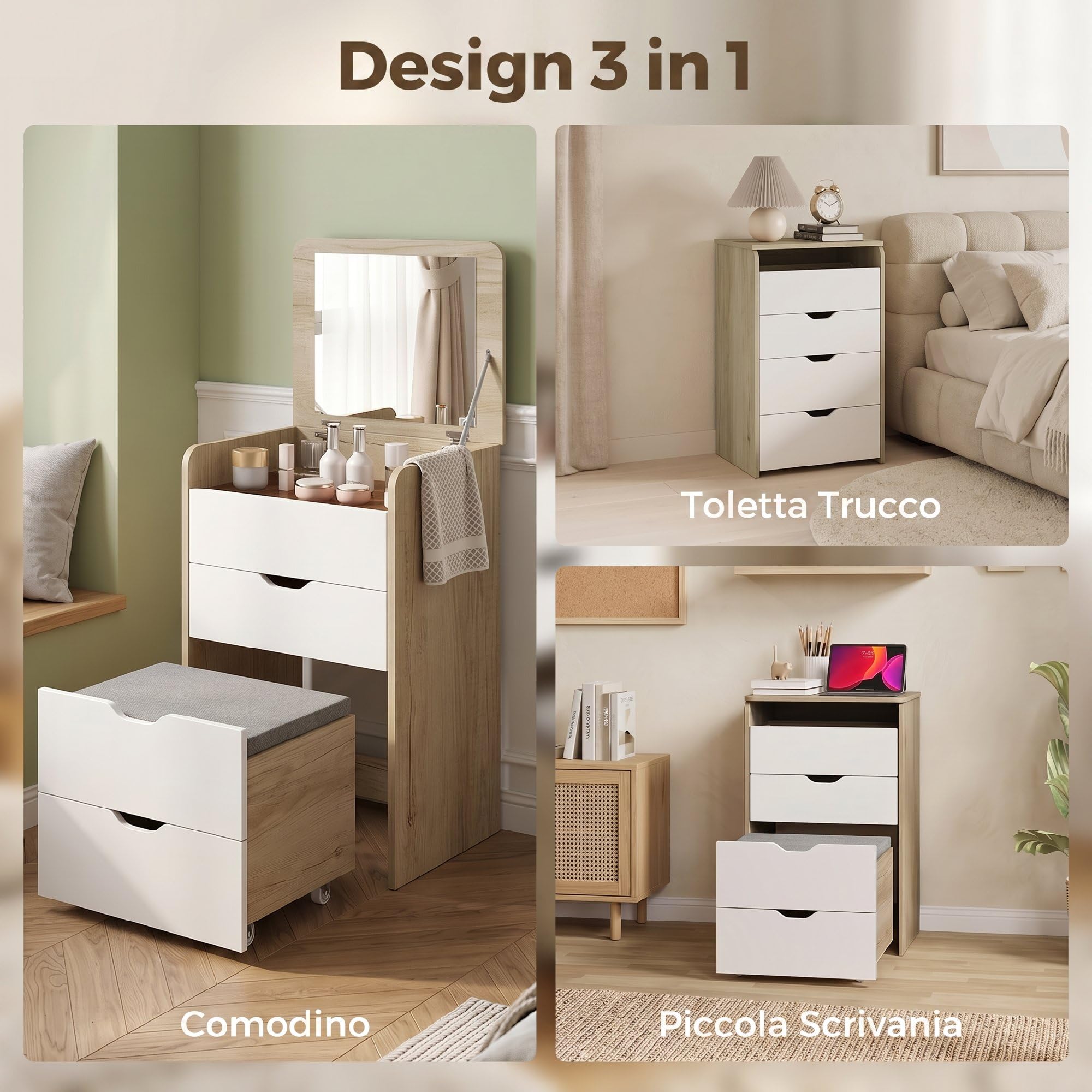 HOMCOM Postazione Trucco 3 in 1 con Specchio a Ribalta, Sgabello a Scomparsa, Toeletta Trucco con Sgabello Imbottito a Ruote, 3 Cassetti, Piano in Vetro Visibile, Vano, Salvaspazio, Rovere e Bianco