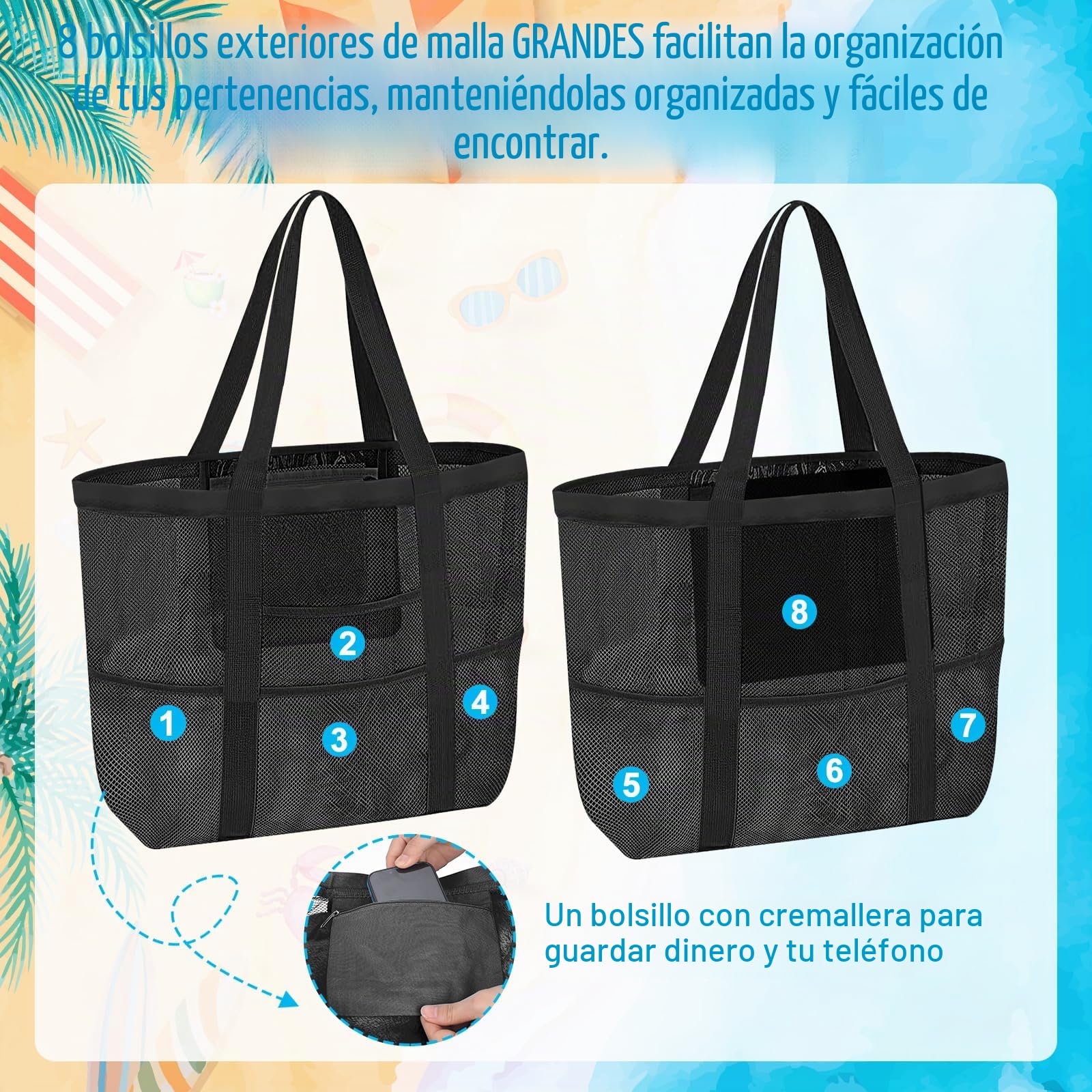 2 bolsas grandes de playa para mujer con cremallera, 8 bolsillos, bolsa de baño, reutilizable, para viajes, playa, compras, picnic y uso diario (negro + azul), negro y azul.