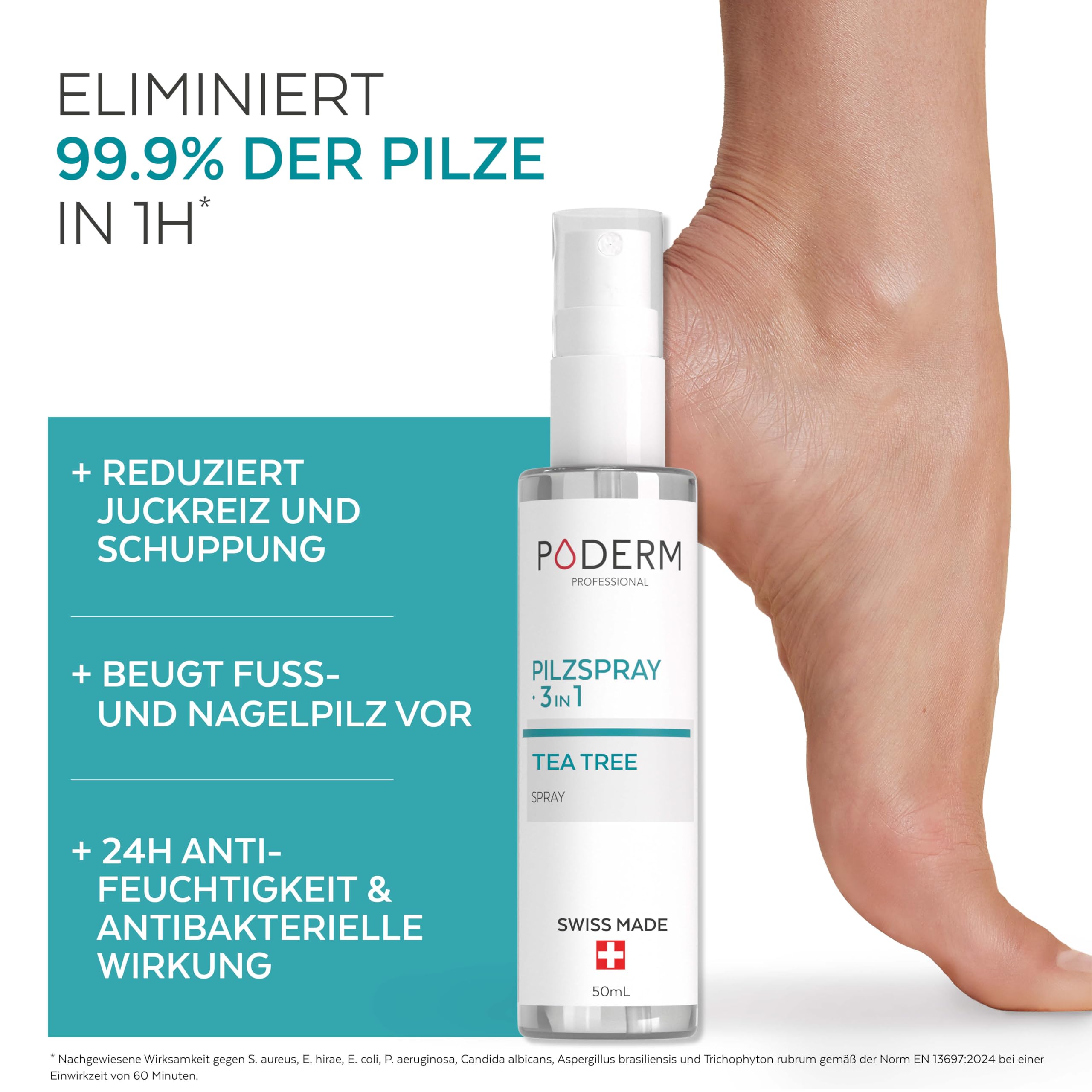 PODERM 3-in-1 Pilzspray für Nägel, Füße & Schuhe | 99,9% der Fußpilzsporen & Bakterien in 1 Stunde zu eliminieren | Teebaum, Zink & Minze | Swiss Made | Entwickelt von einem Podologen