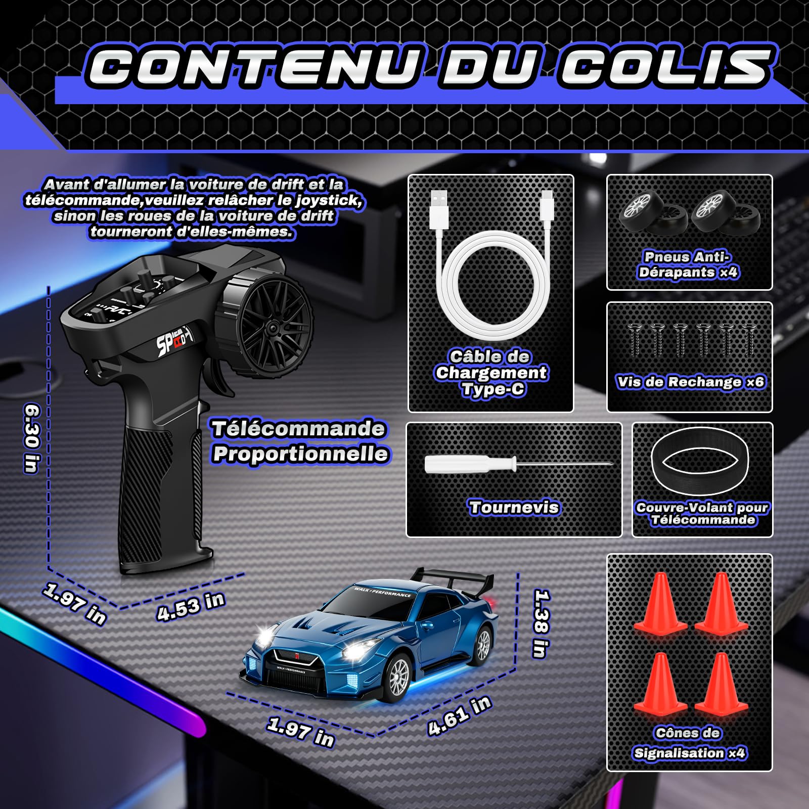 YOOHBERRYS Voiture Télécommandée Drift Pro, 1:43 Mini RC Drift Car, 4WD Dérive Car, Mini Voiture Télécommandée avec Gyros, Lumière LED, 15km/h, Cadeau de Jouet pour Les Enfants de 14+ Ans (Bleu)