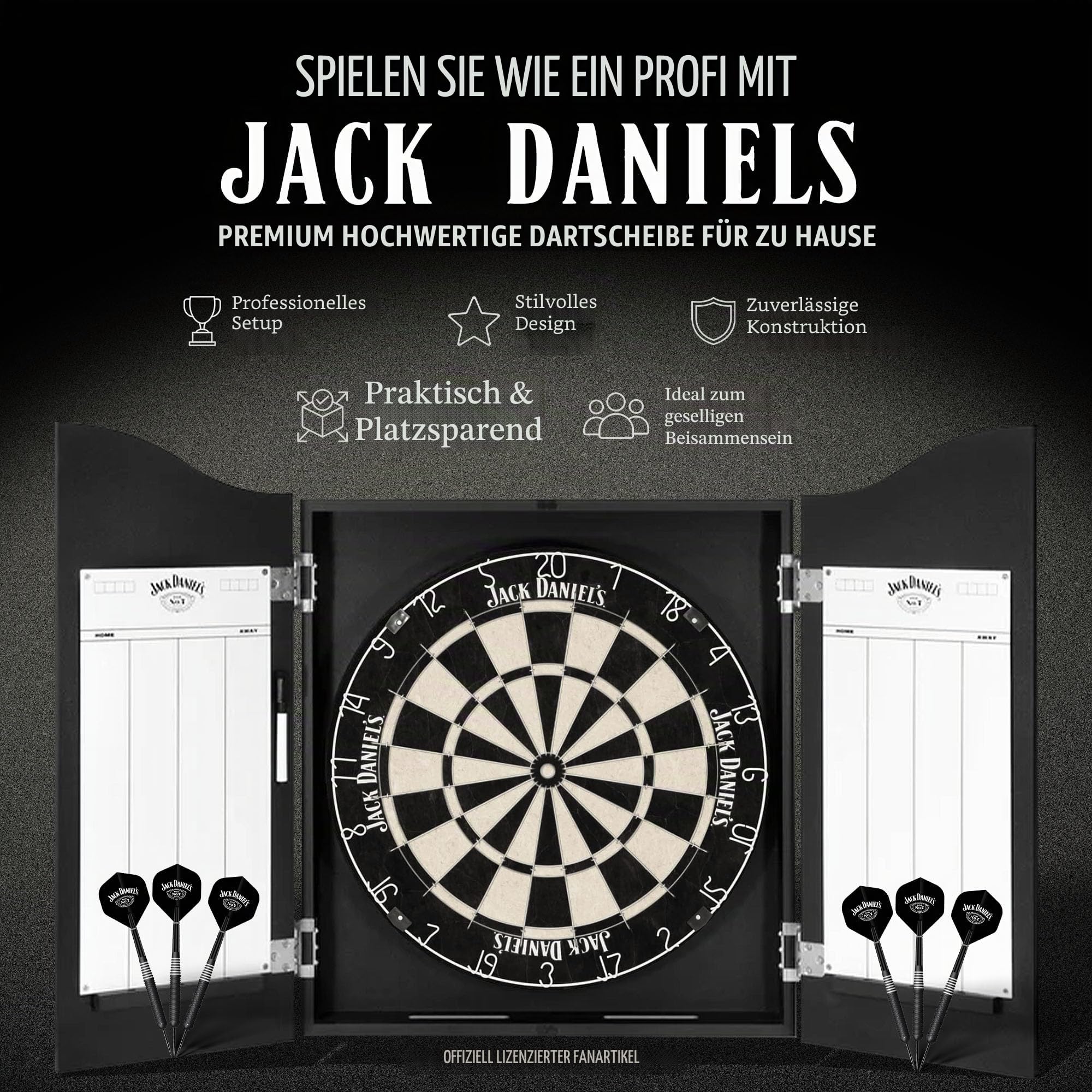 Offiziell lizenziertes Jack Daniel's bedruckte Dartpfeile in Schwarz inklusive Dartscheibe | JD Logo (CAB512), L