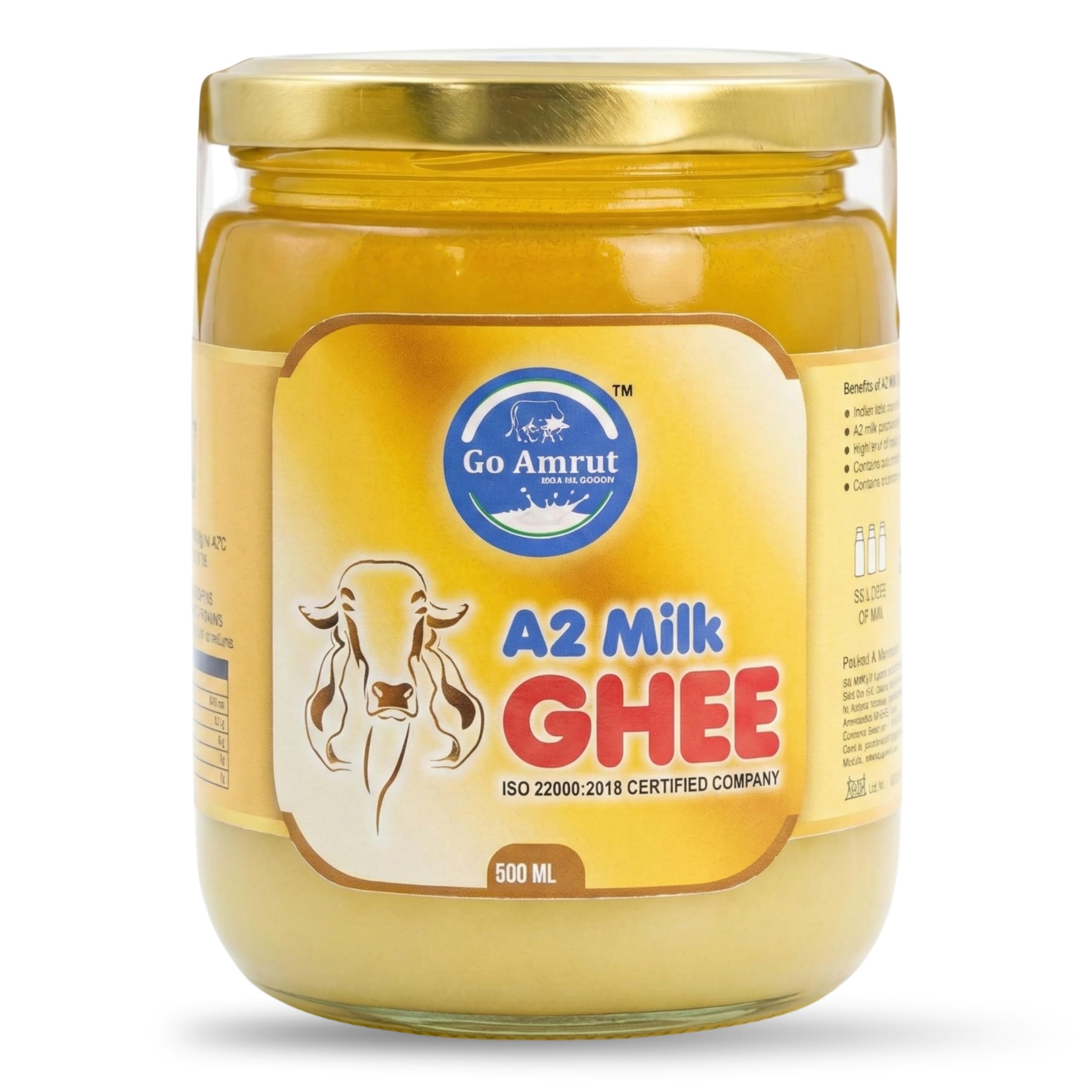 Go Amrut A2 Desi Cow Ghee 500gm | Gir Cow Ghee| Traditional Bilona Method (Curd Churned) | 100% Pure & Natural | Glass Jar | Lab Tested | Natural Nutrition Ghee