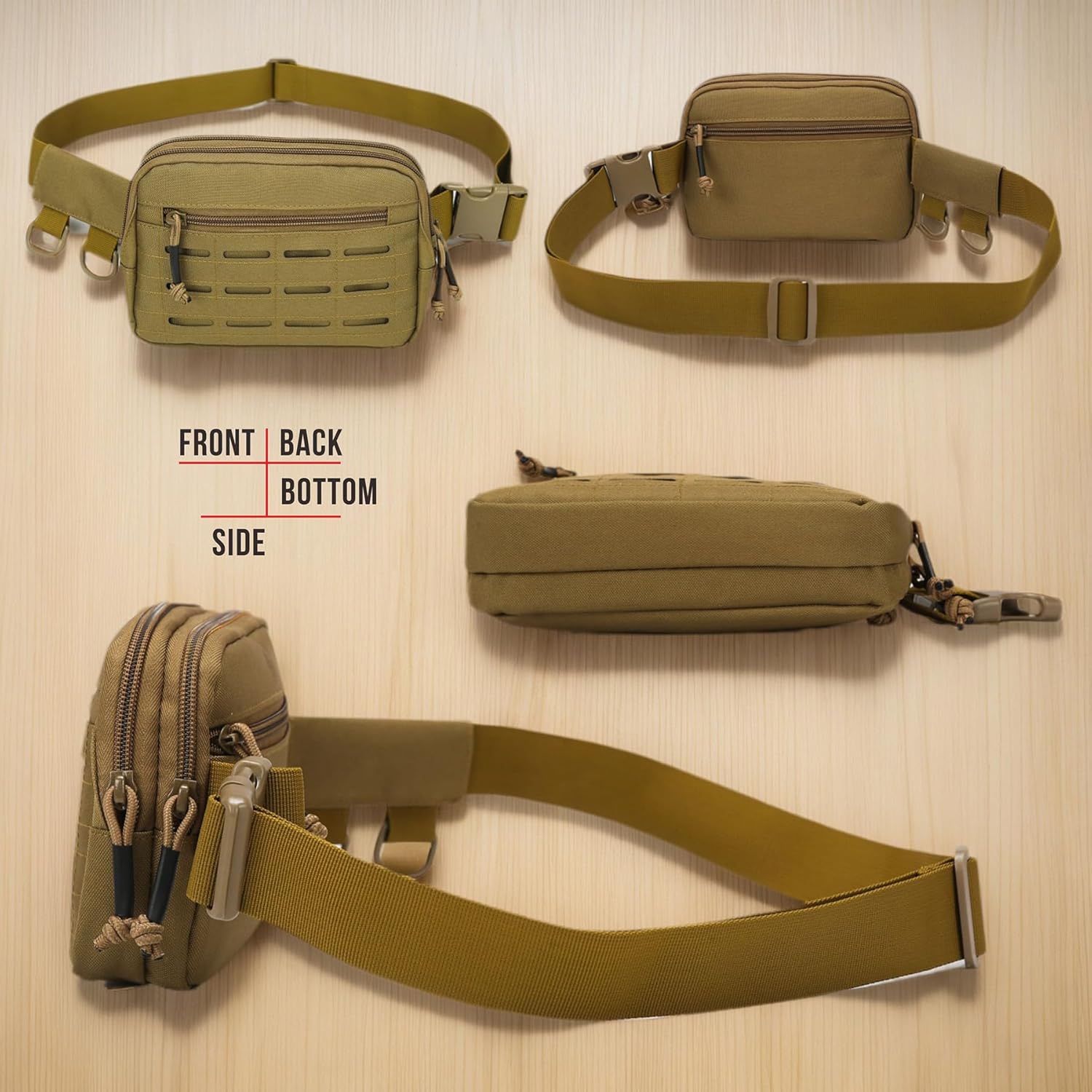 Small Waist Bag Fanny Pack for Men Women, Military Style Belt Bag with MOLLE System, Water-Resistant & Adjustable Strap for Running, Hiking, Festivals, Gym (Brown) - Image 2