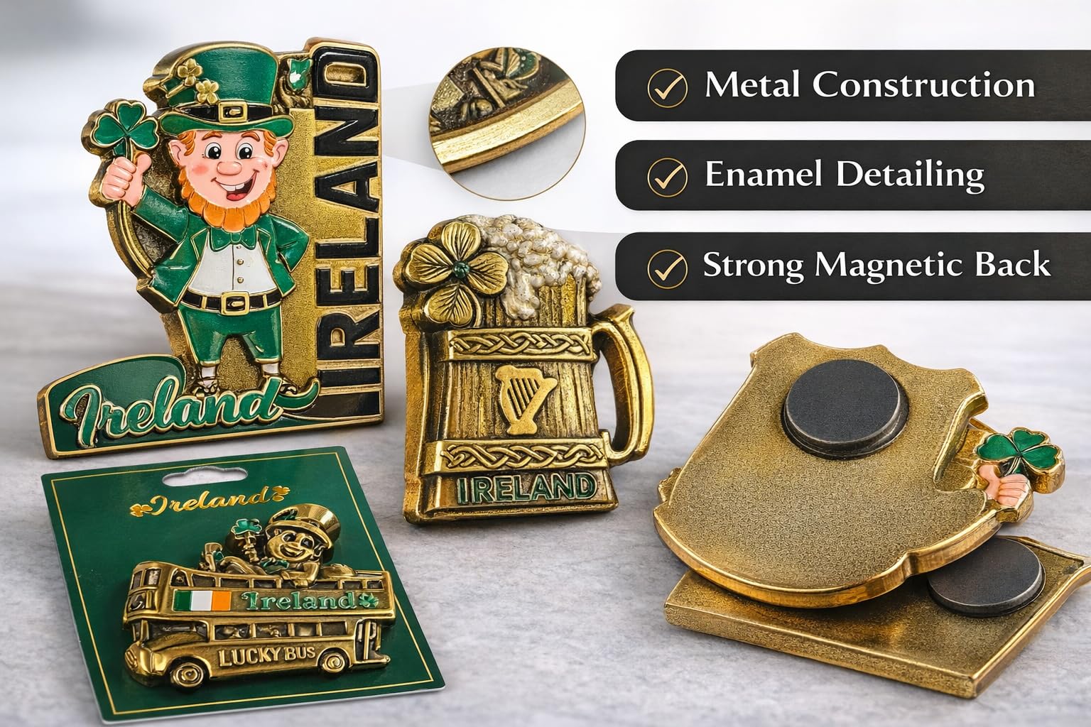 Set di 6 calamite da frigorifero in metallo smaltato, design irlandese, leprechaun Dublino Shield, boccale da birra, autobus fortunato, souvenir (magnete6)