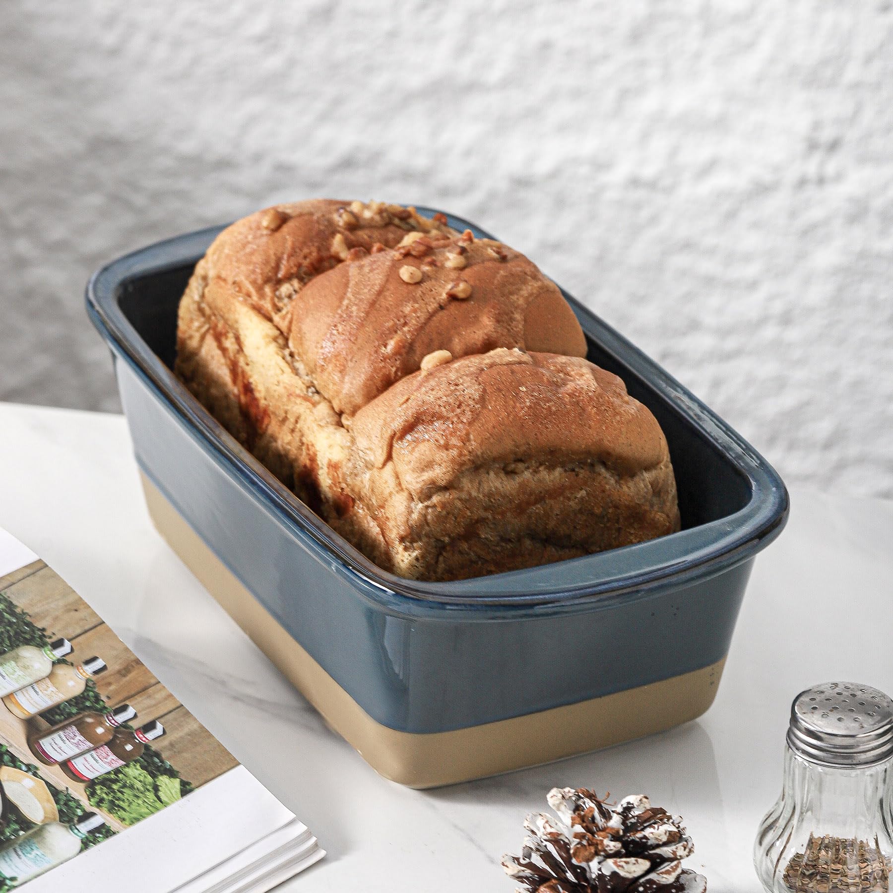 HVH Kastenform aus Keramik, zum Backen von Brot, 22,9 x 12,7 cm, rechteckige Brotform, Brotbackform zum Kochen, Bauernhaus-Stil (blau)