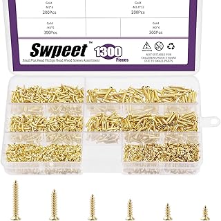 Swpeet 1295Pcs 5mm 6mm 8mm 10mm 12mm 16mm Small Wood Screws Assortment Kit, Self Drilling Flat Cross Head Screws Self Tapping Screws Metal Screws Furniture Screws (Gold)