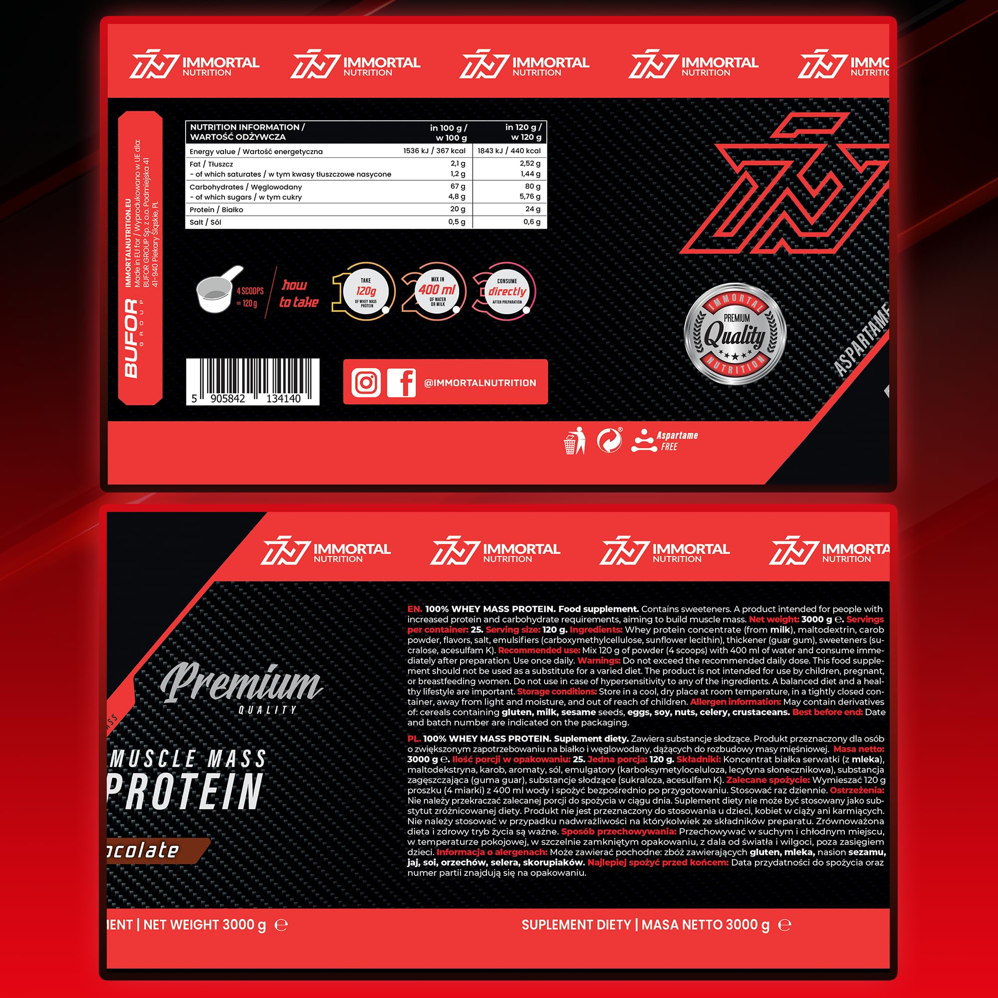 IMMORTAL NUTRITION Whey Mass Protein - Weight Gainer z koncentratem białka serwatkowego - 24 g białka i 80 g węglowodanów na porcję - Mass Gainer w proszku (3 kg, Czekolada)