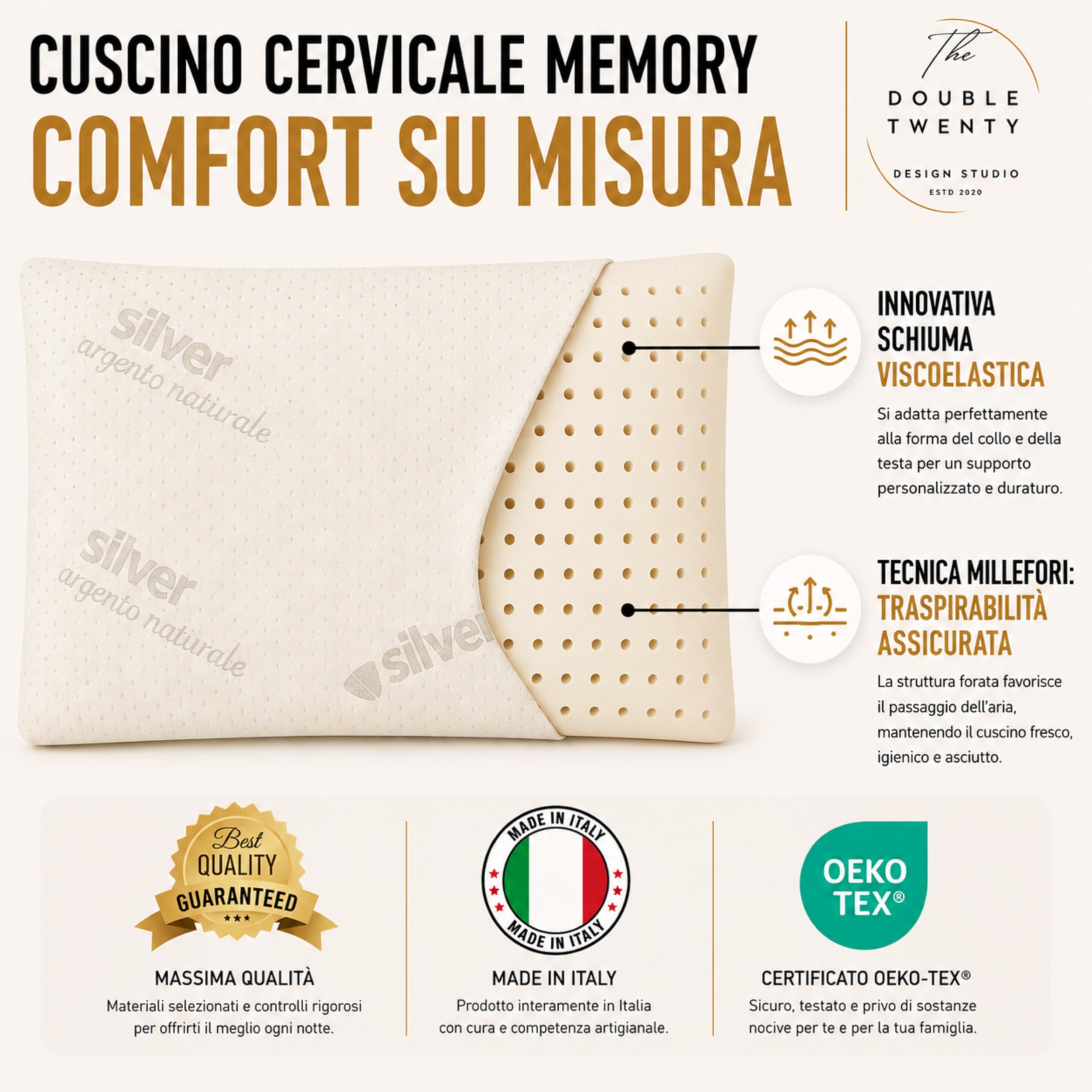 Cuscino in Memory Foam | Ergonomico e Traspirante | Supporto Ottimale per Collo e Cervicale, Adatto a Tutte le Posizioni del Sonno | Fodera Ipoallergenica in Argento Naturale | (10 cm)