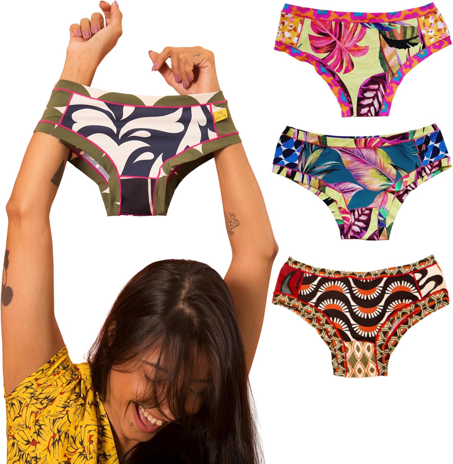 Bumtastic Brazilian Bikini Panties for Women 3-Pack – Seamless Smooth Nylon Spandex, Unique Prints
